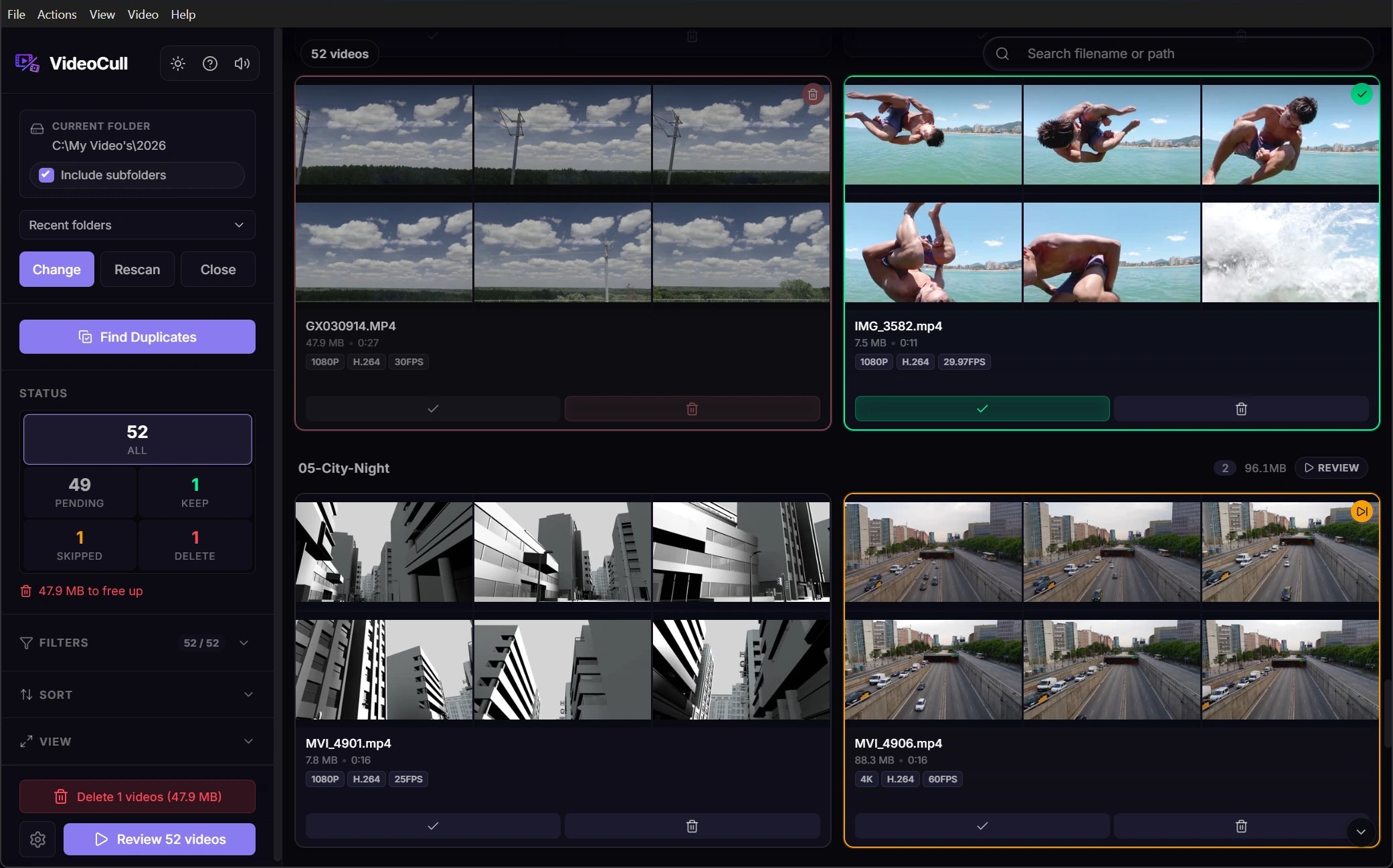 VideoCull grid with camera clips marked Keep, Delete, and Skip alongside pending videos