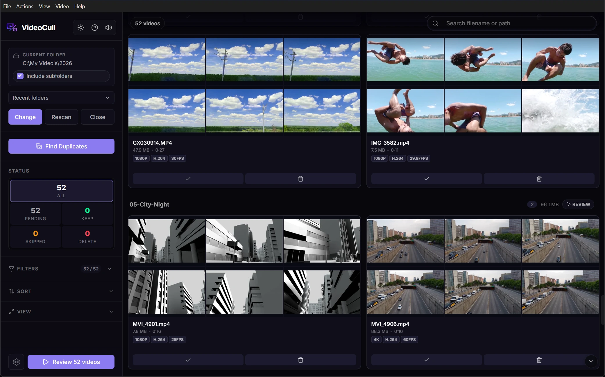 VideoCull grid showing camera footage as multi-frame cards with folder controls, search, sorting, and status counts