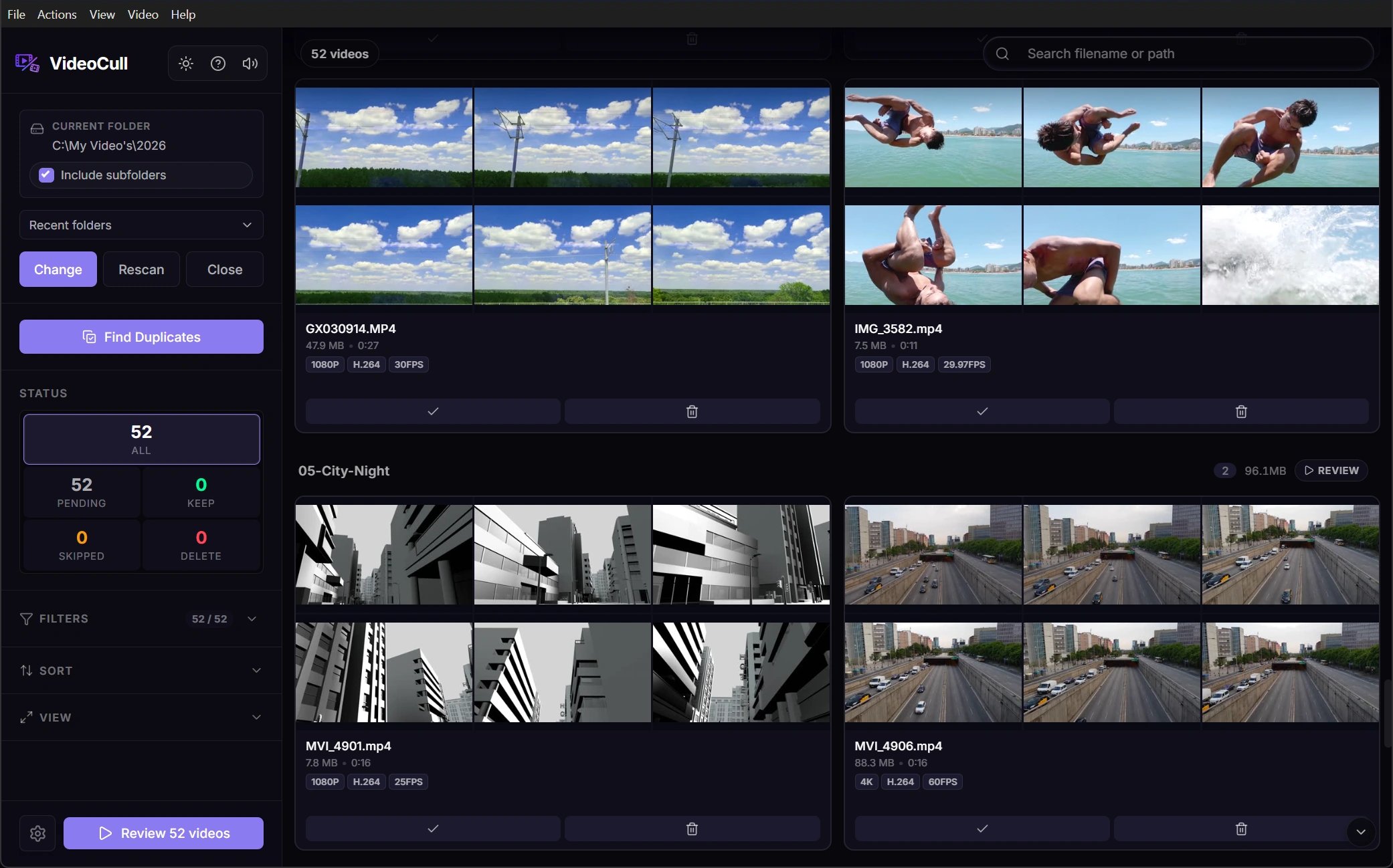 VideoCull grid showing camera footage as multi-frame cards with folder controls, search, sorting, and status counts