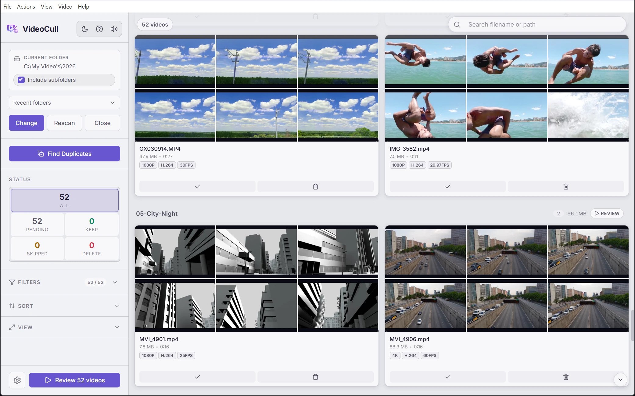VideoCull light theme showing a folder as multi-frame video cards with search, sorting, status counts, and duplicate detection