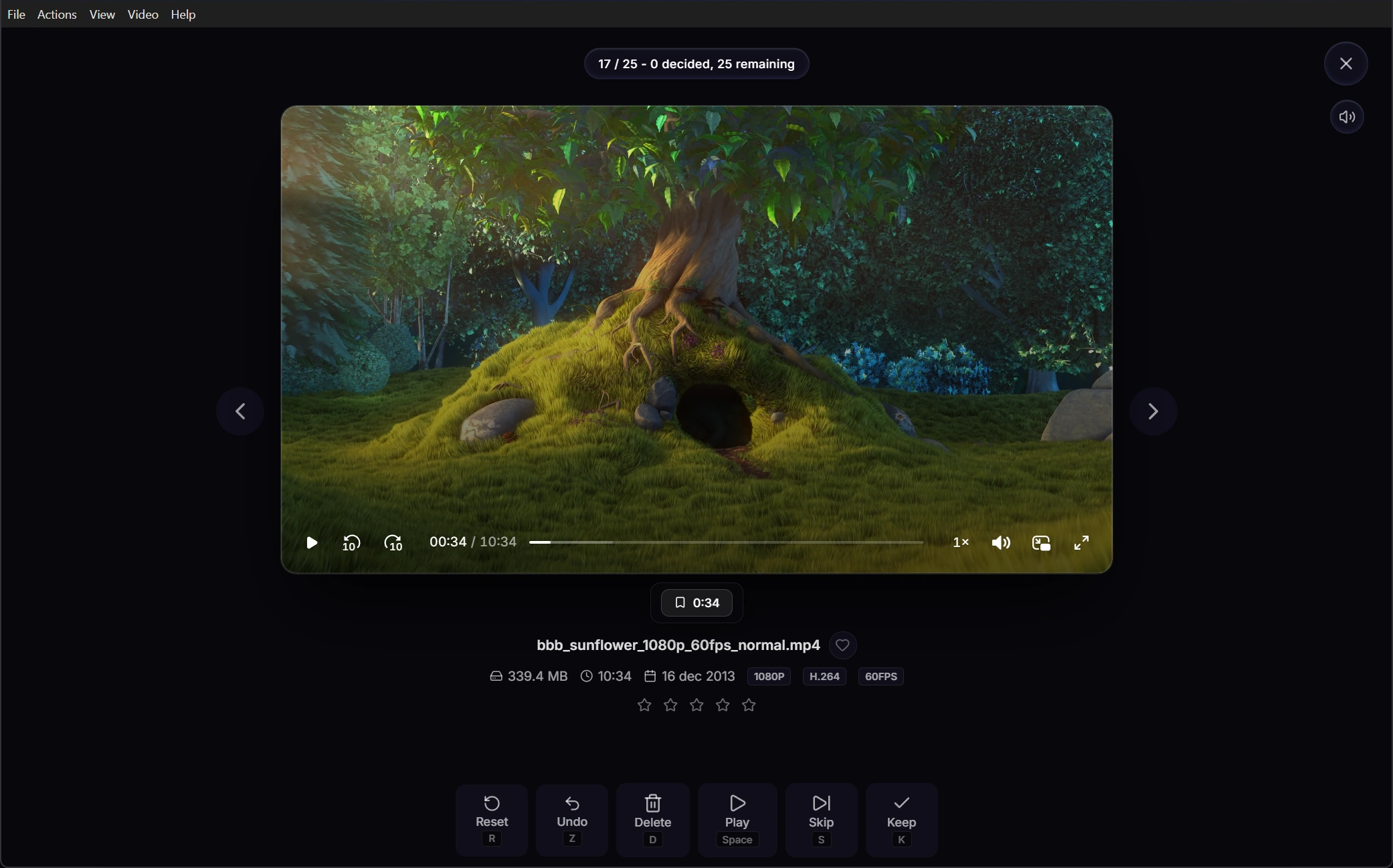 VideoCull playing Big Buck Bunny footage with timeline controls, metadata, bookmarks, ratings, and Keep, Delete, and Skip actions