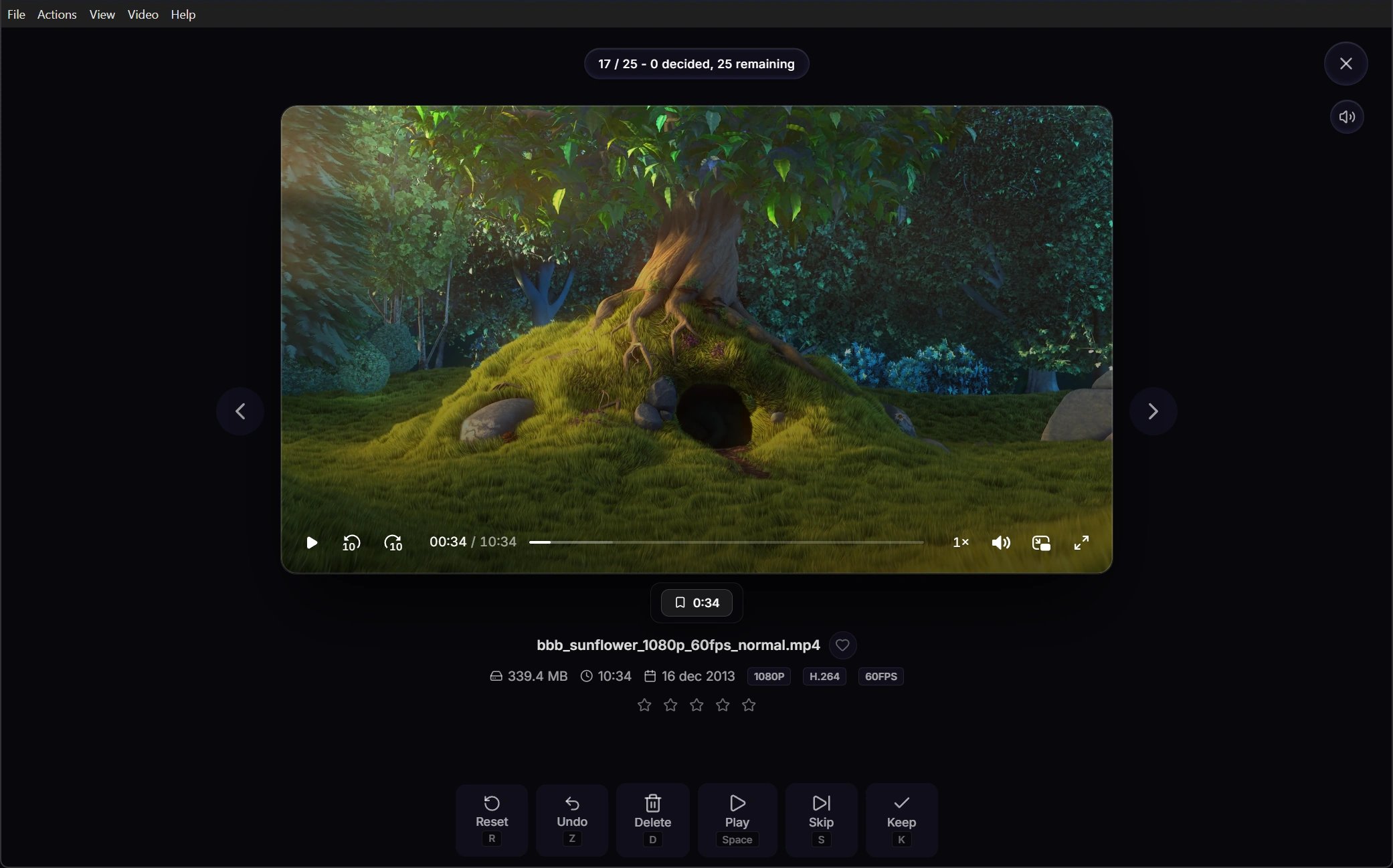 VideoCull playing Big Buck Bunny footage with timeline controls, metadata, bookmarks, ratings, and Keep, Delete, and Skip actions