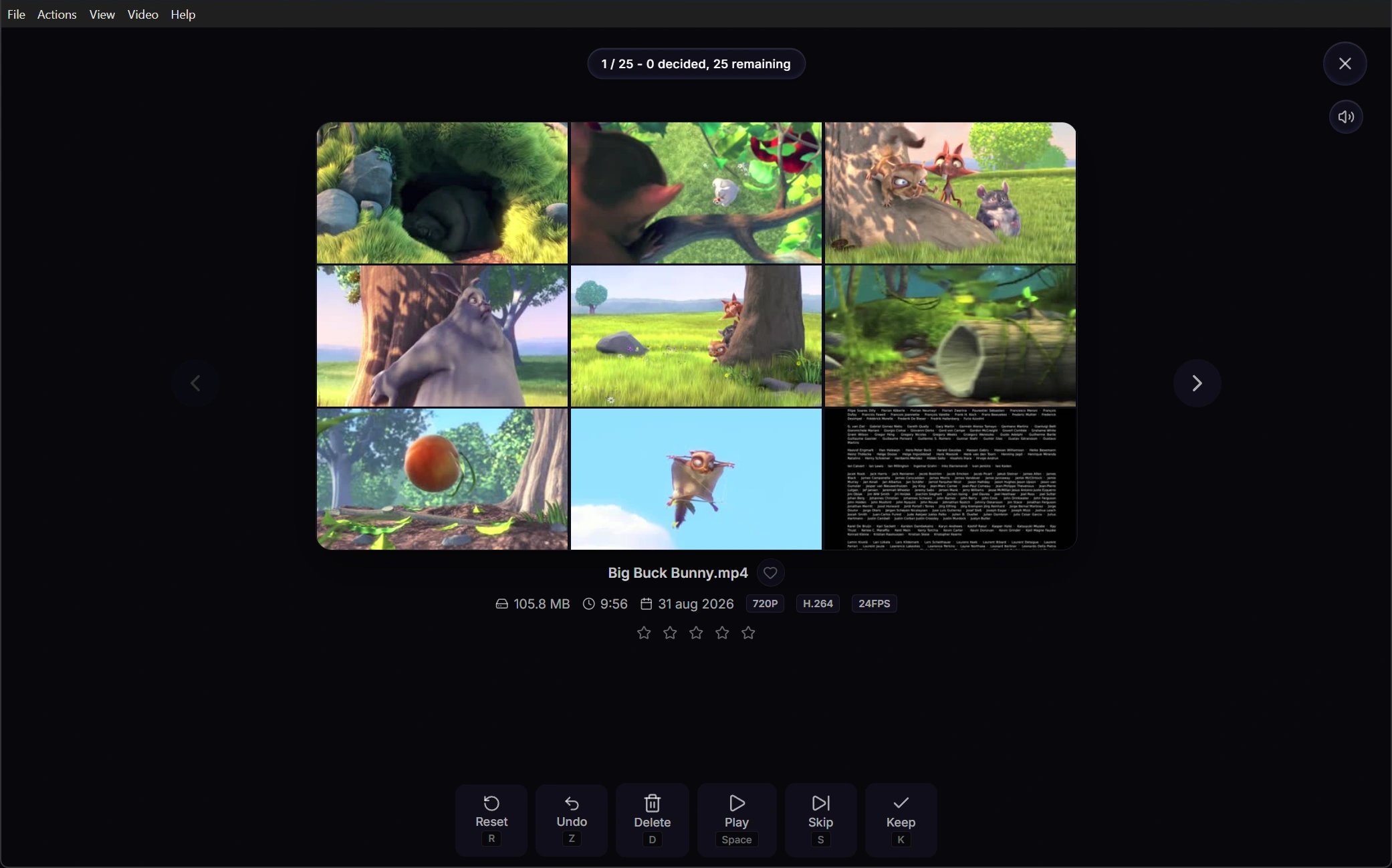 VideoCull Review mode showing a nine-frame preview, file metadata, ratings, navigation, and keyboard decisions