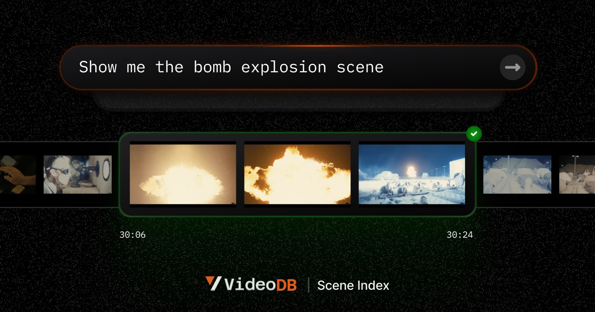 Scene index visual example showing search query 'Show me the bomb explosion scene' with matching video frames and timestamps