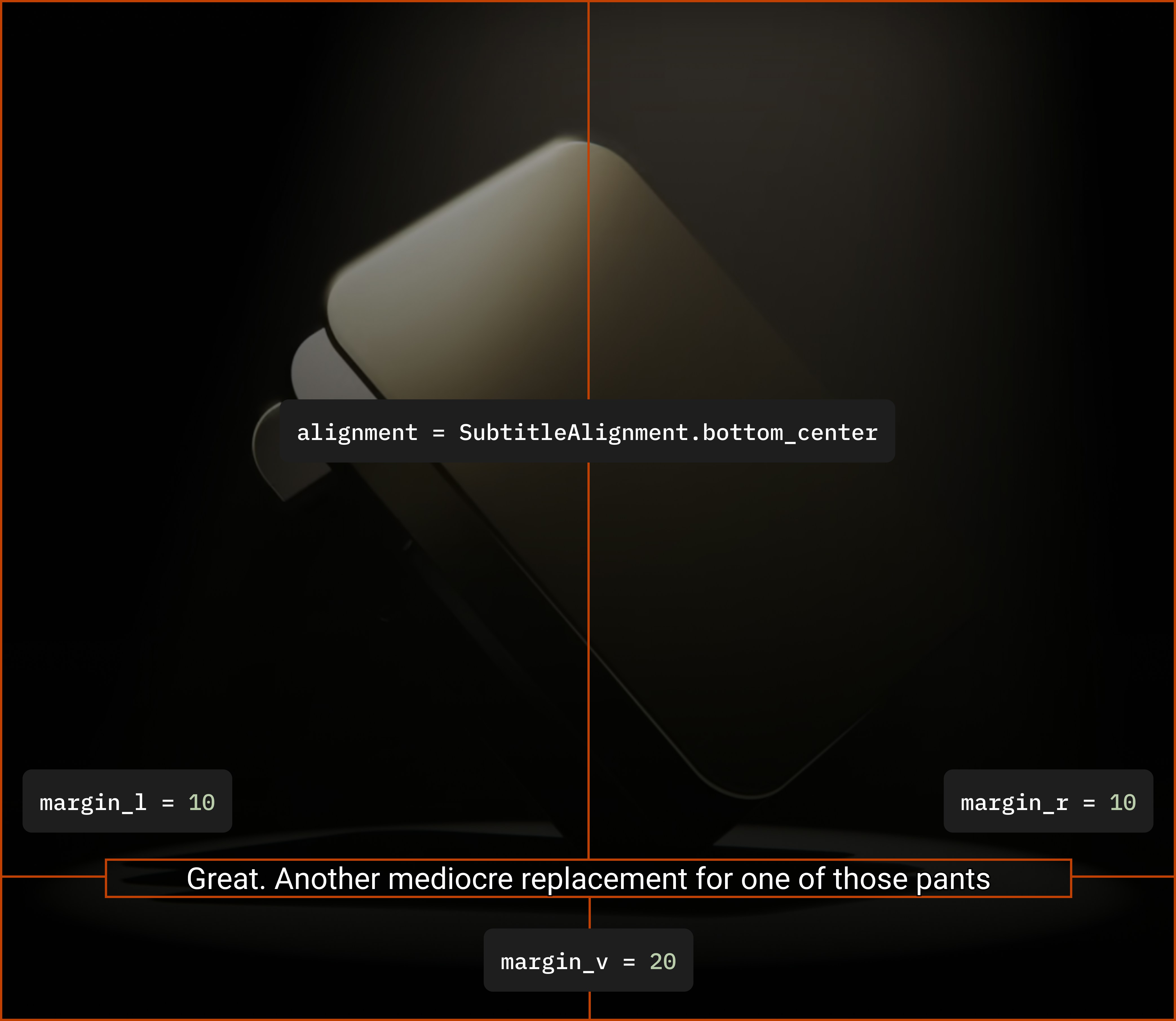 Examples of subtitle positioning and margin configurations showing alignment and spacing options