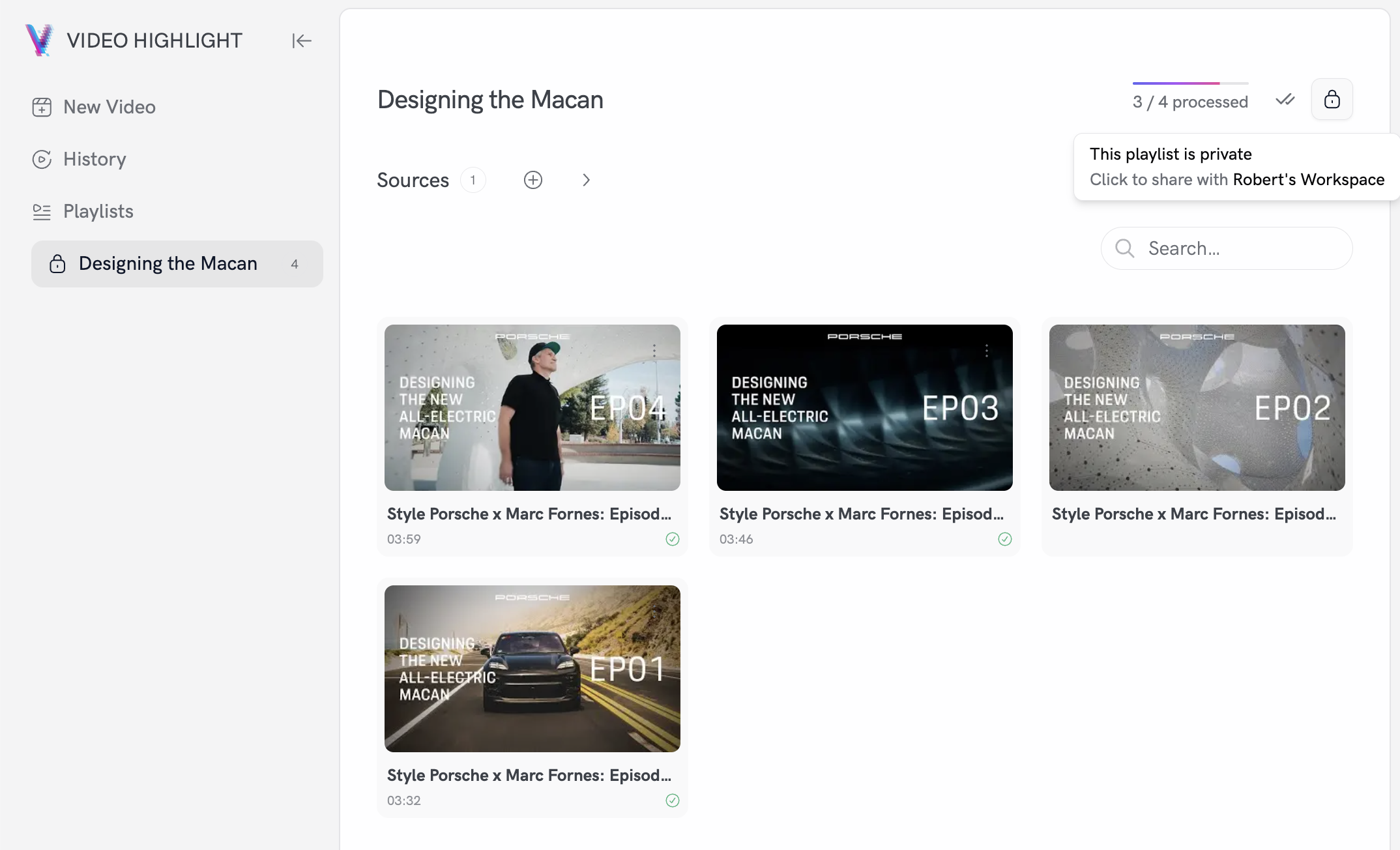 Playlist visibility control: toggle between Private and Workspace (shared) with the lock icon