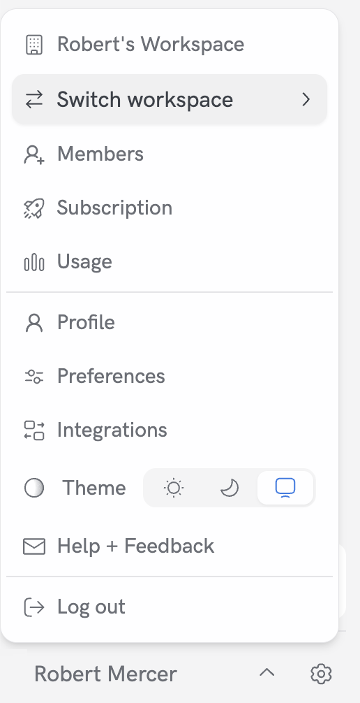 Switch workspaces from the profile dropdown or the Settings sidebar