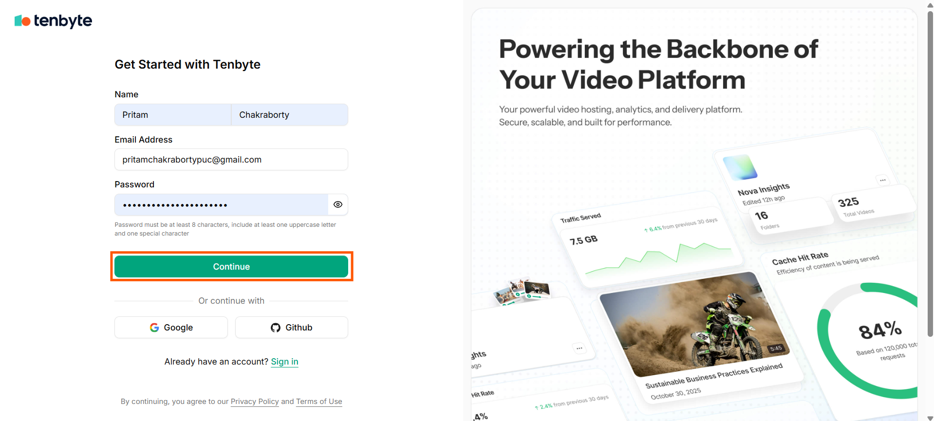 Tenbyte Sign-Up Page