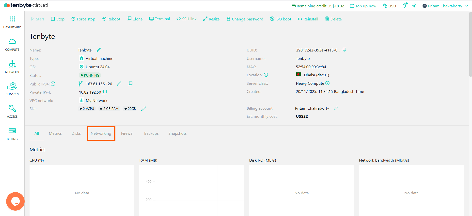 Access VM Network Settings