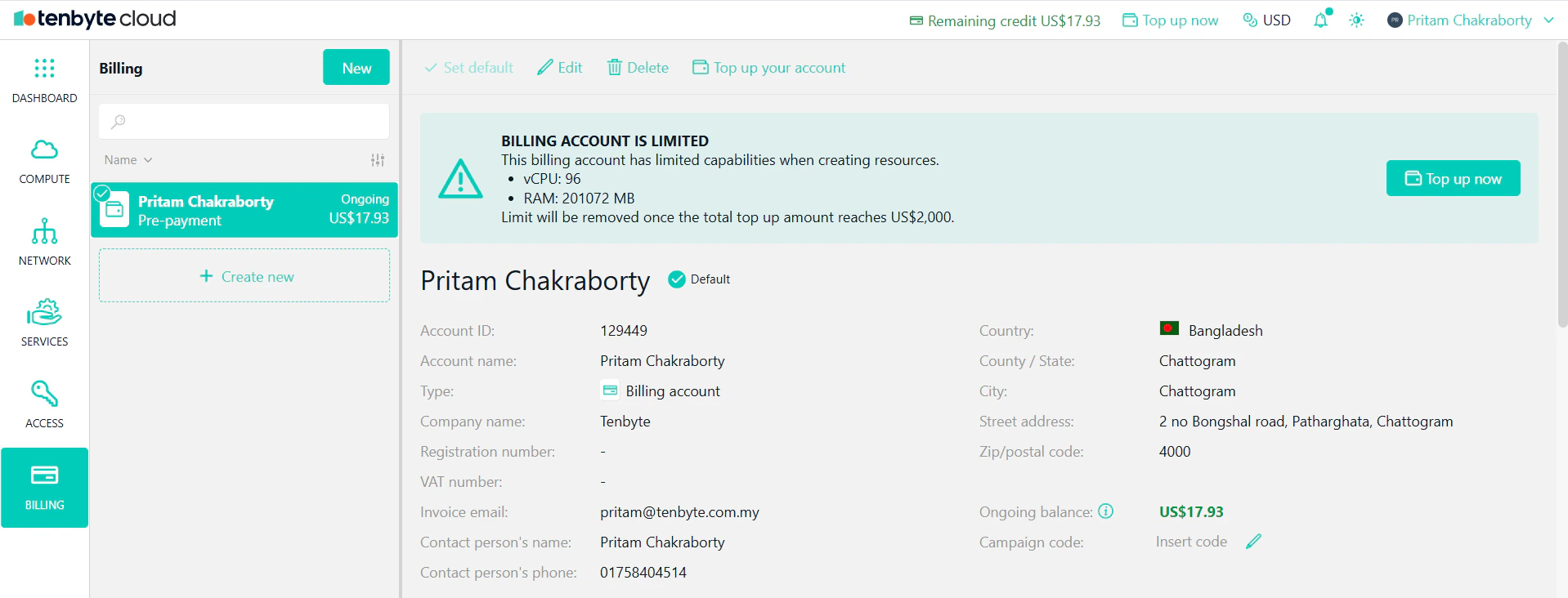 billing account details