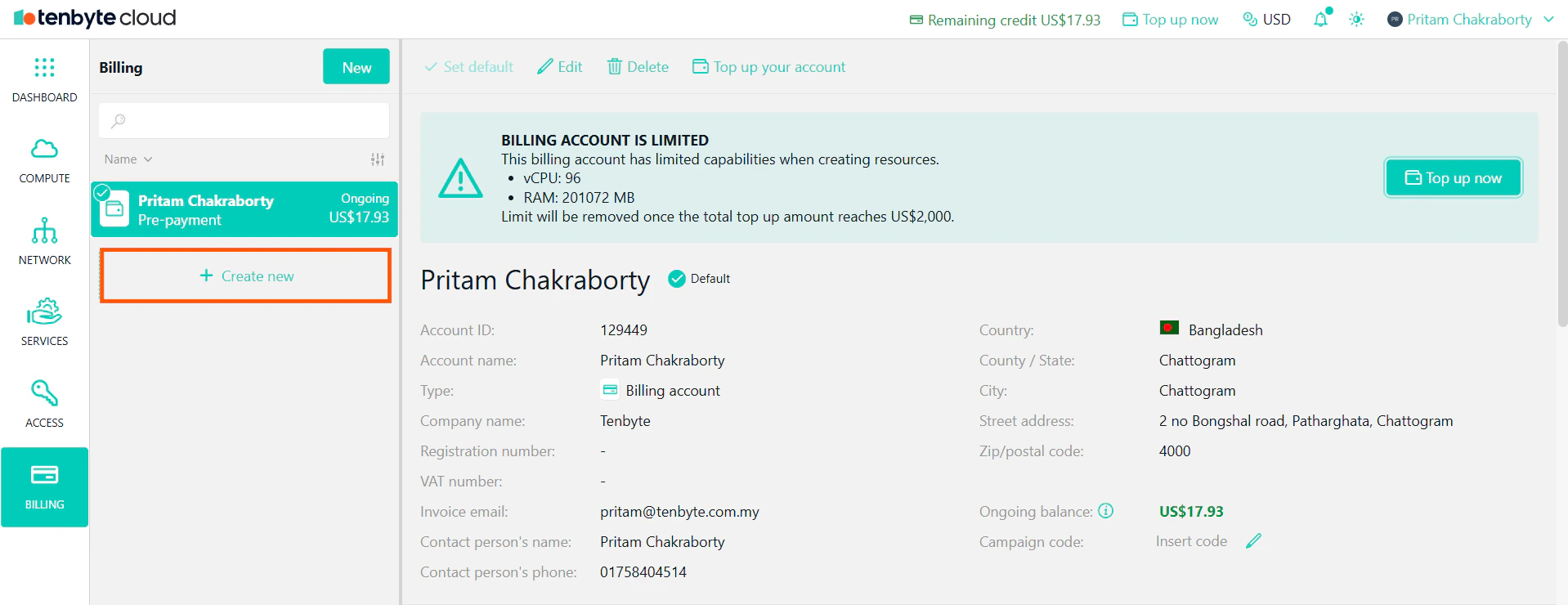 Create a New Billing Account