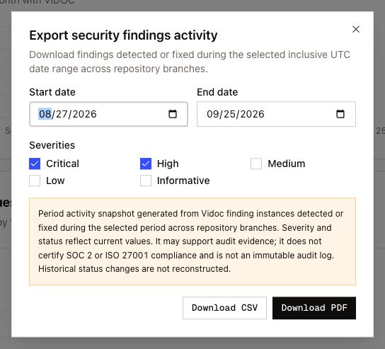Export report dialog with critical and high selected