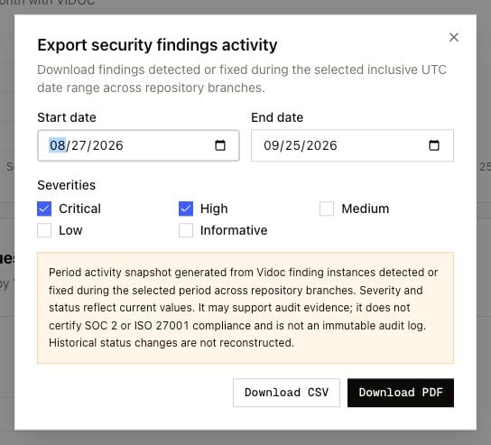 Export report dialog with critical and high selected
