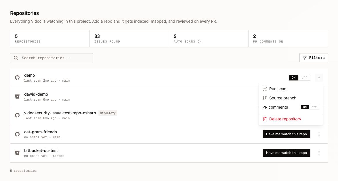 Repository list with the options menu open
