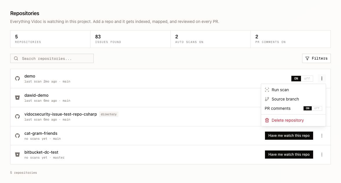 Repository list with the options menu open