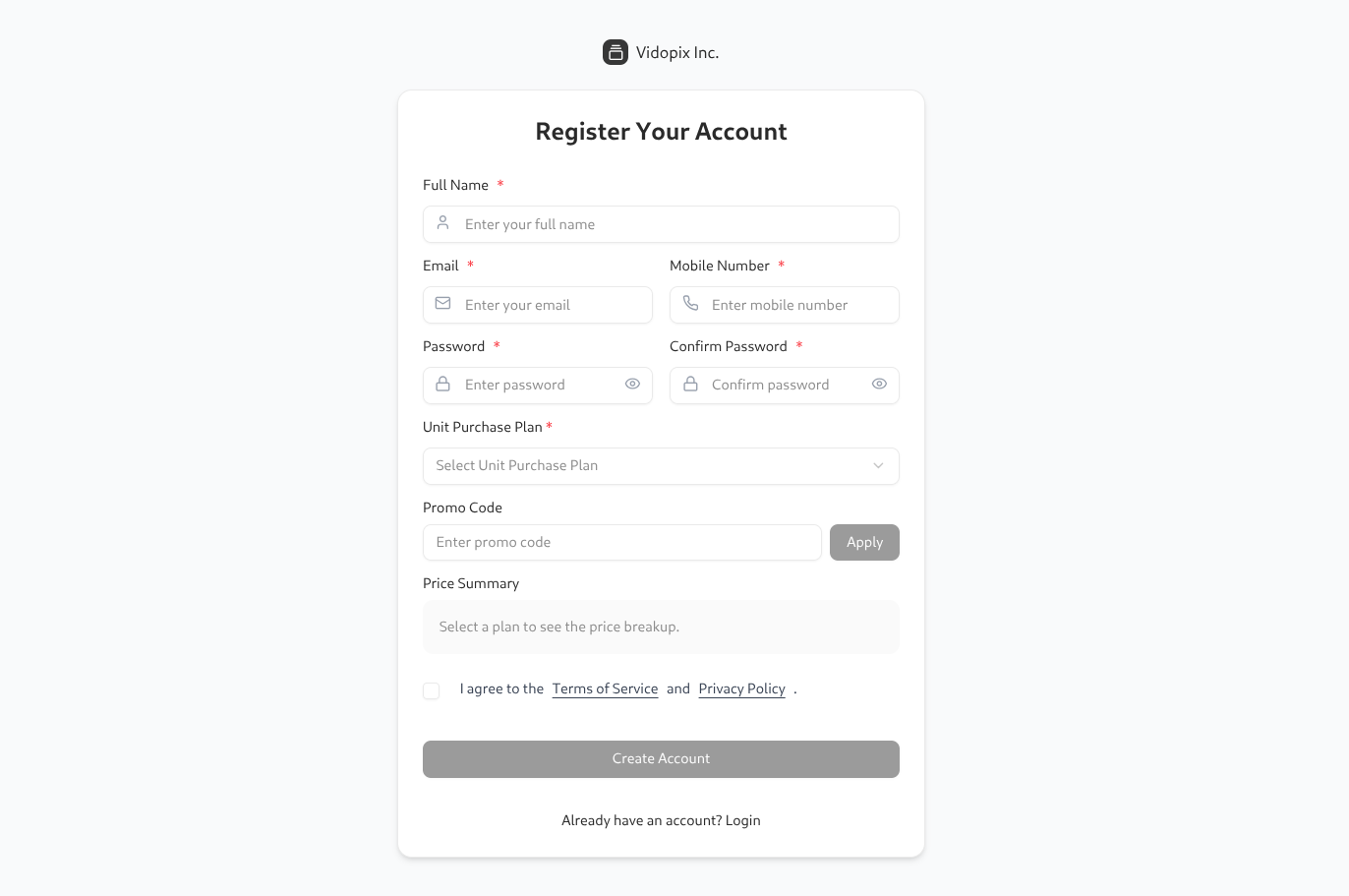 Sign up screen