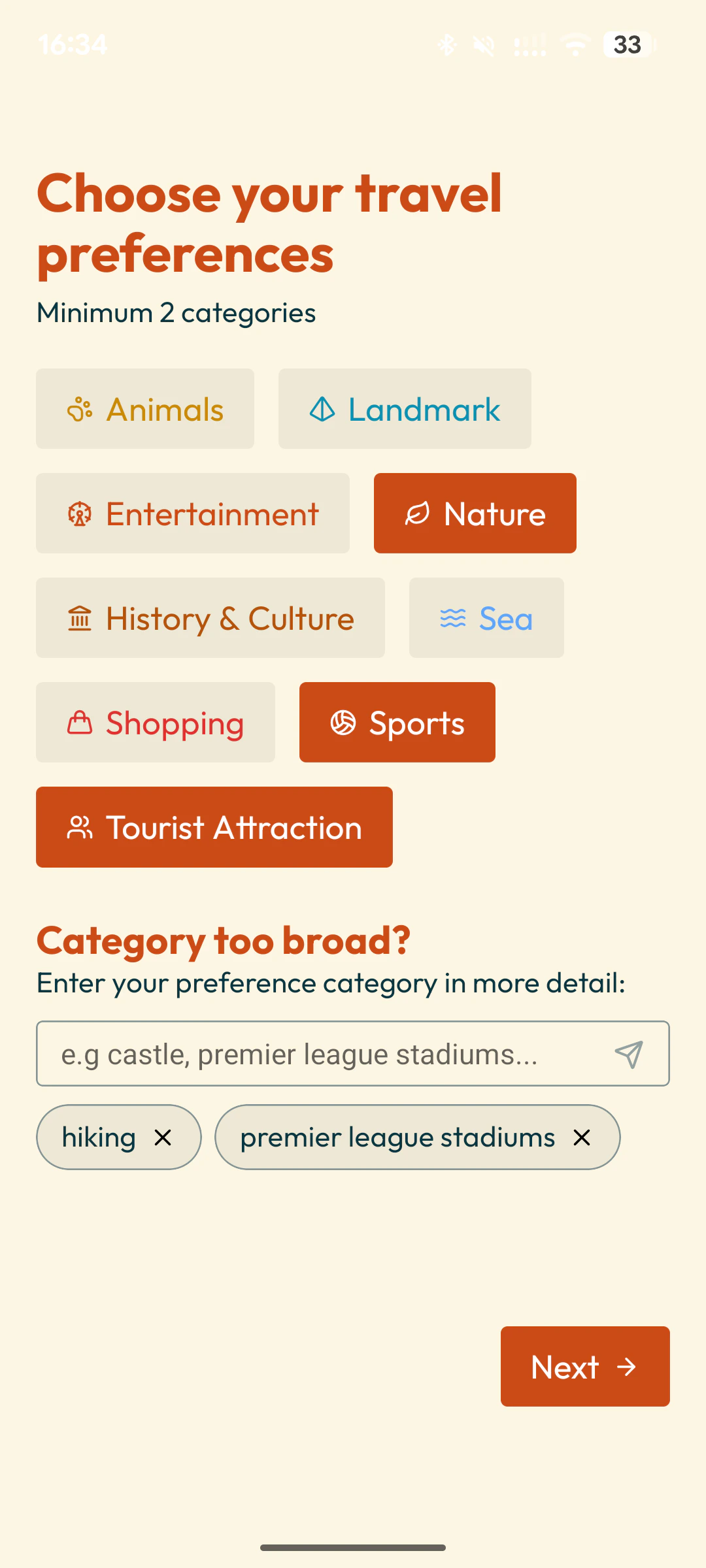 Category selection screen