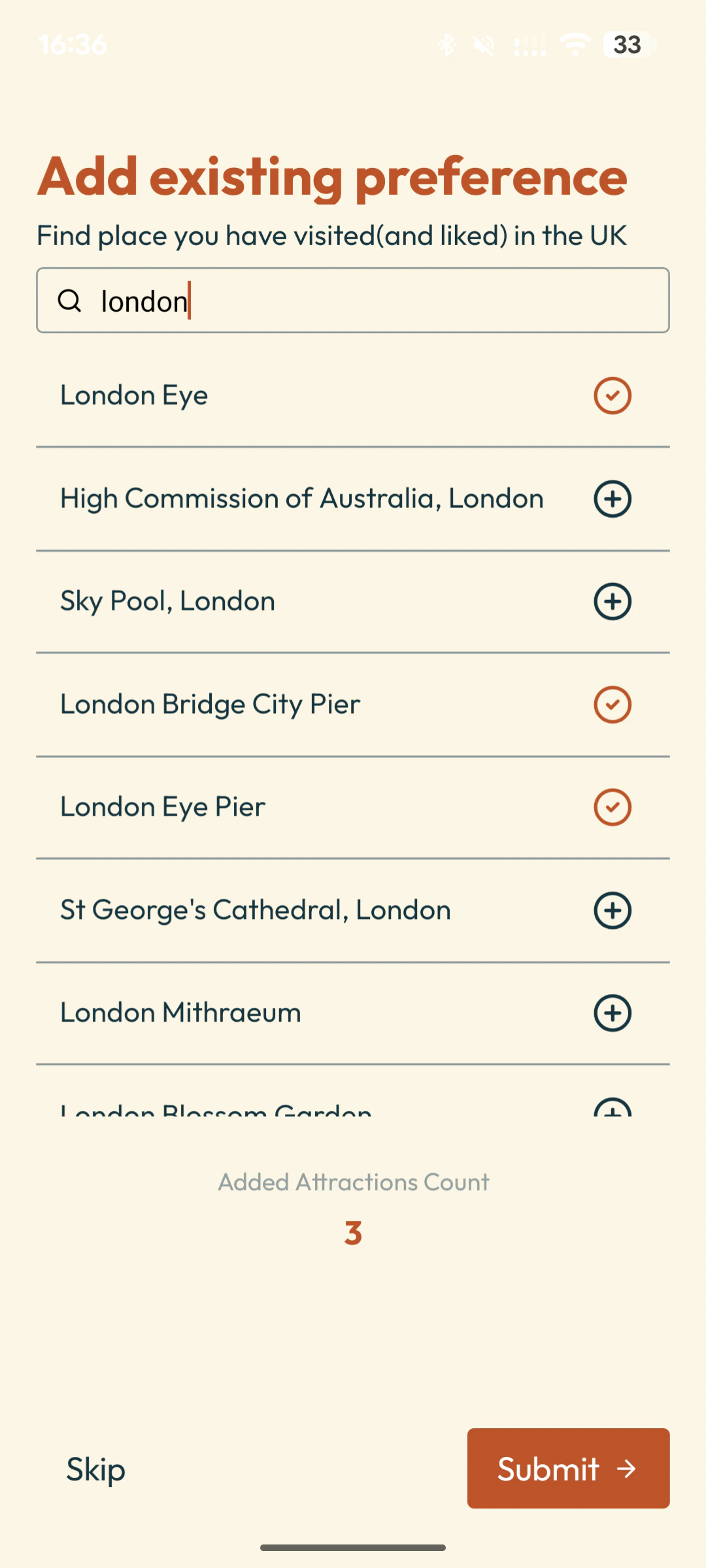 Import visited attractions screen