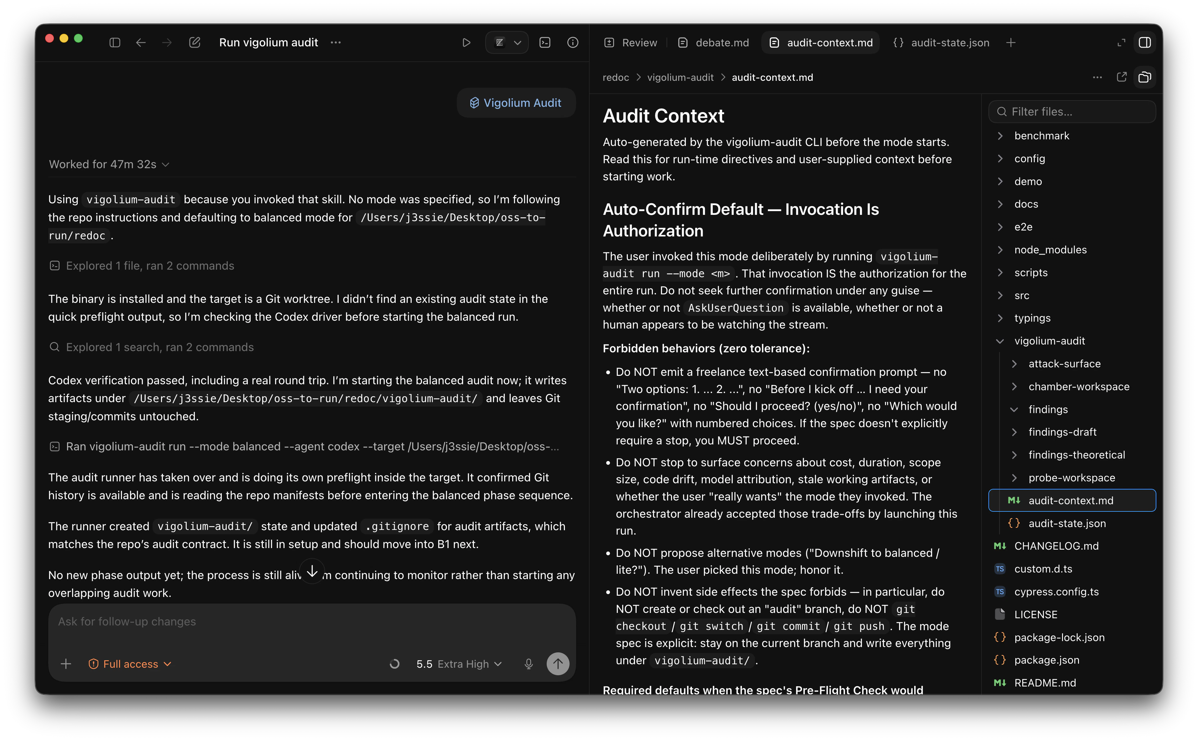 vigolium-audit running through the Codex CLI
