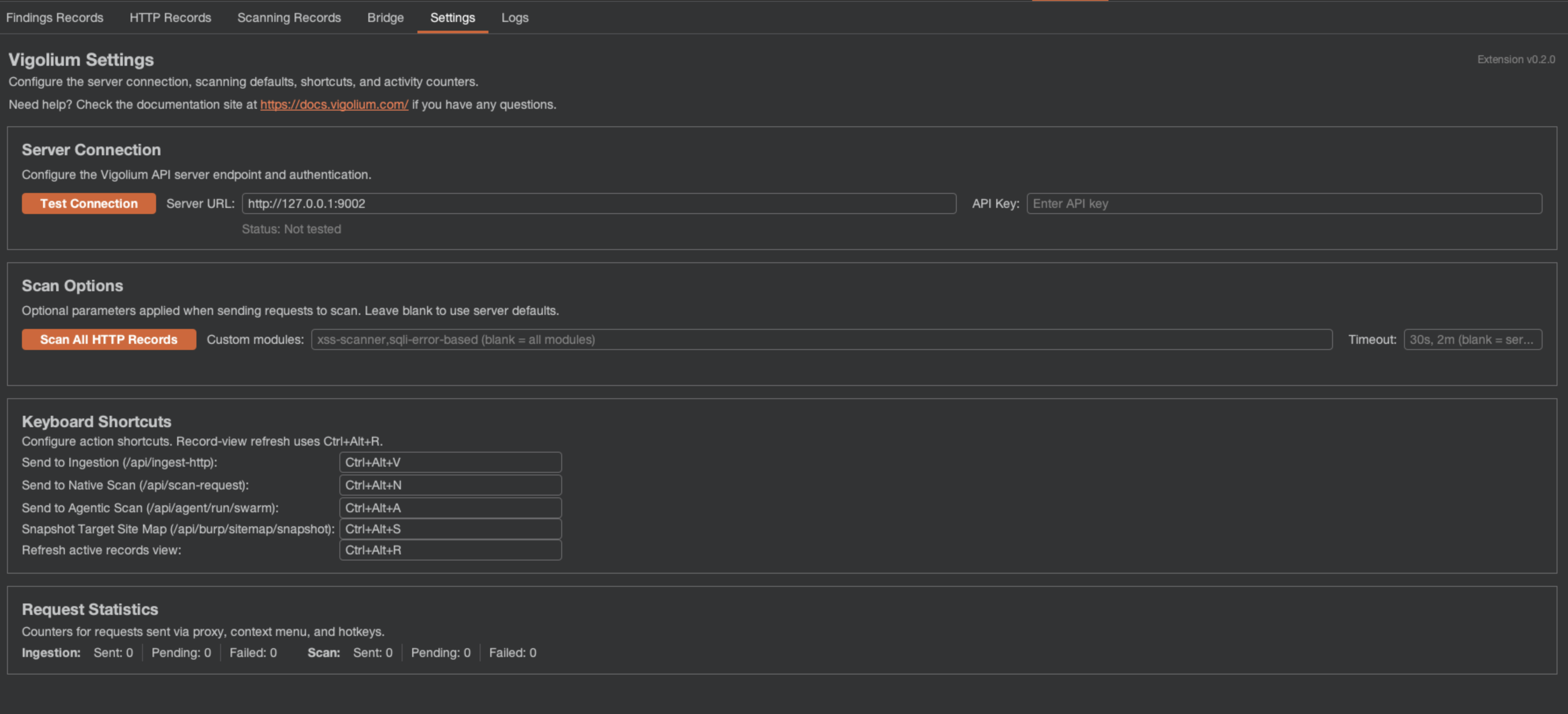 Vigolium Burp extension Settings tab for server connection, scan options, shortcuts, and request statistics