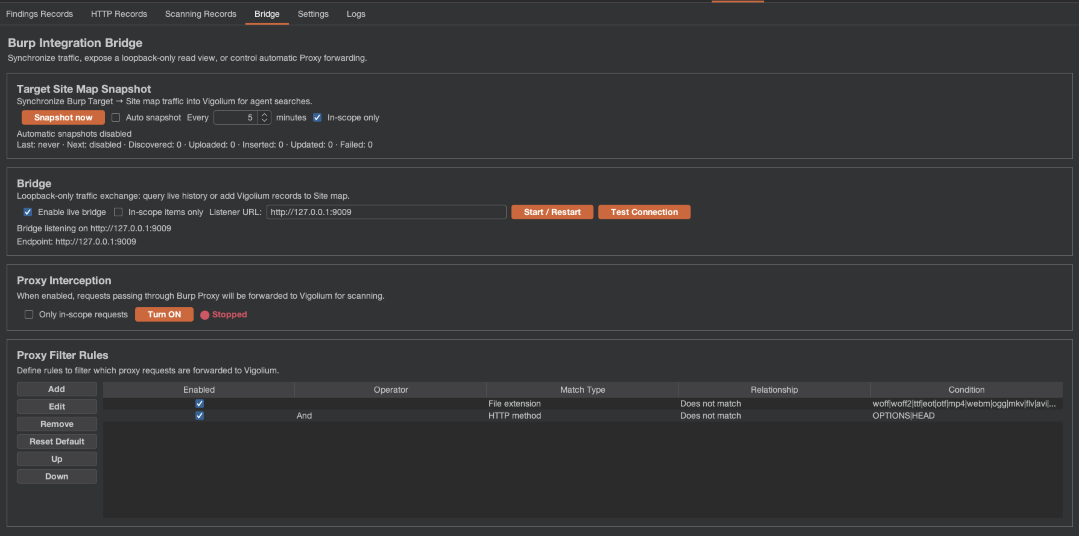 Vigolium Burp extension Bridge tab showing the live bridge listener URL, proxy interception, and proxy filter rules