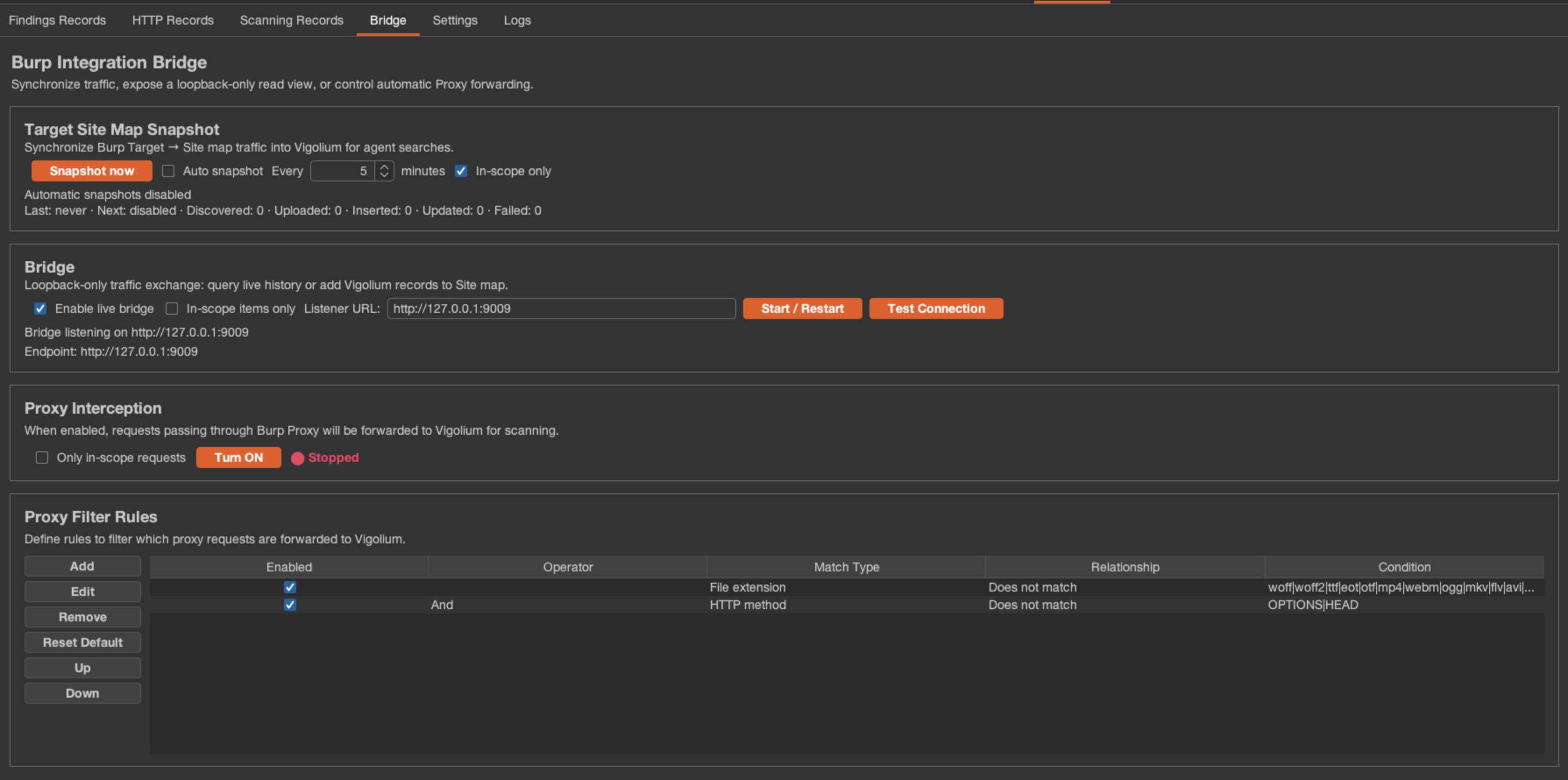 Vigolium Burp extension Bridge tab showing the live bridge listener URL, proxy interception, and proxy filter rules