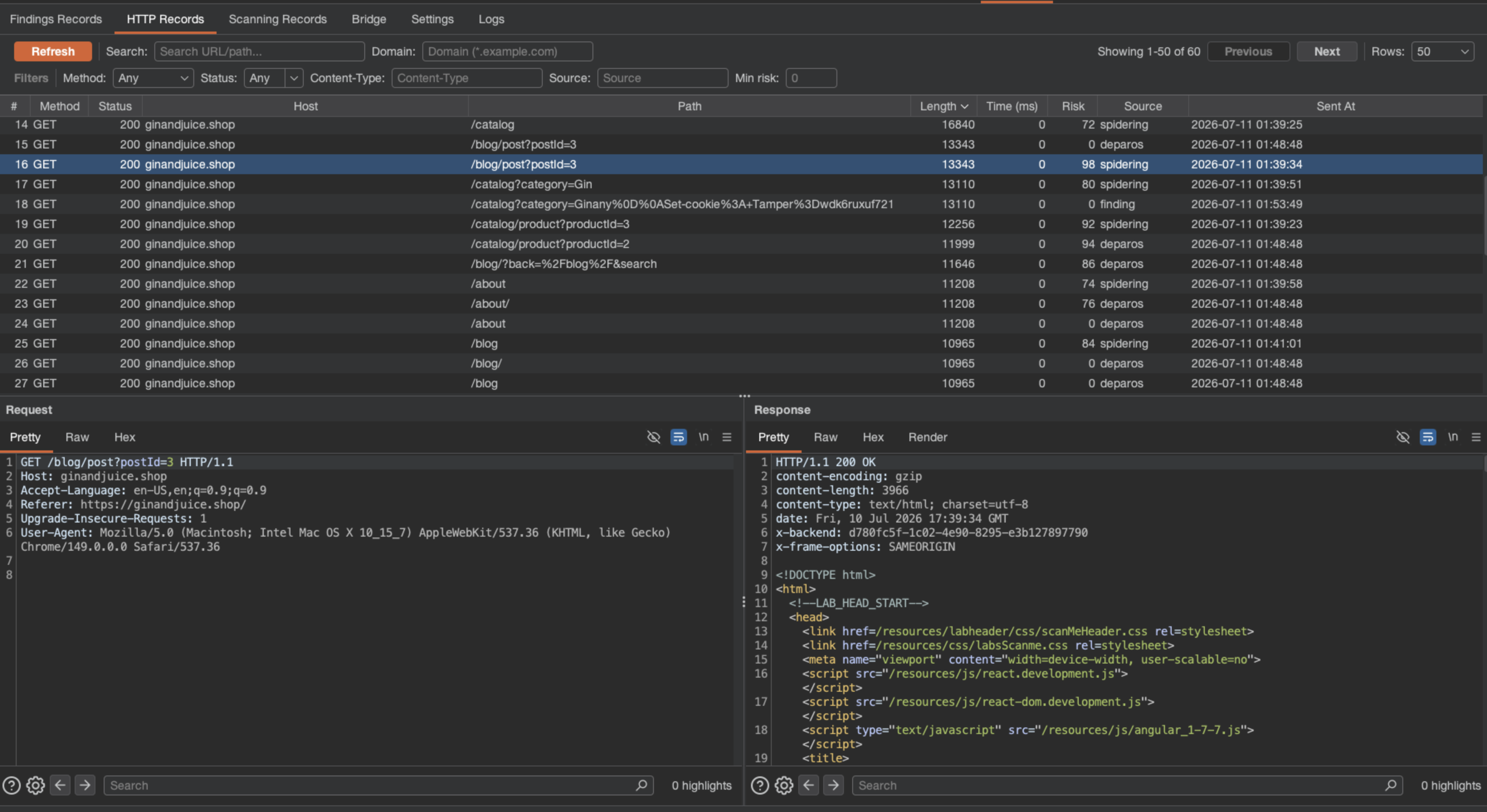 Vigolium Burp extension HTTP Records tab showing filterable request and response records with inline editors