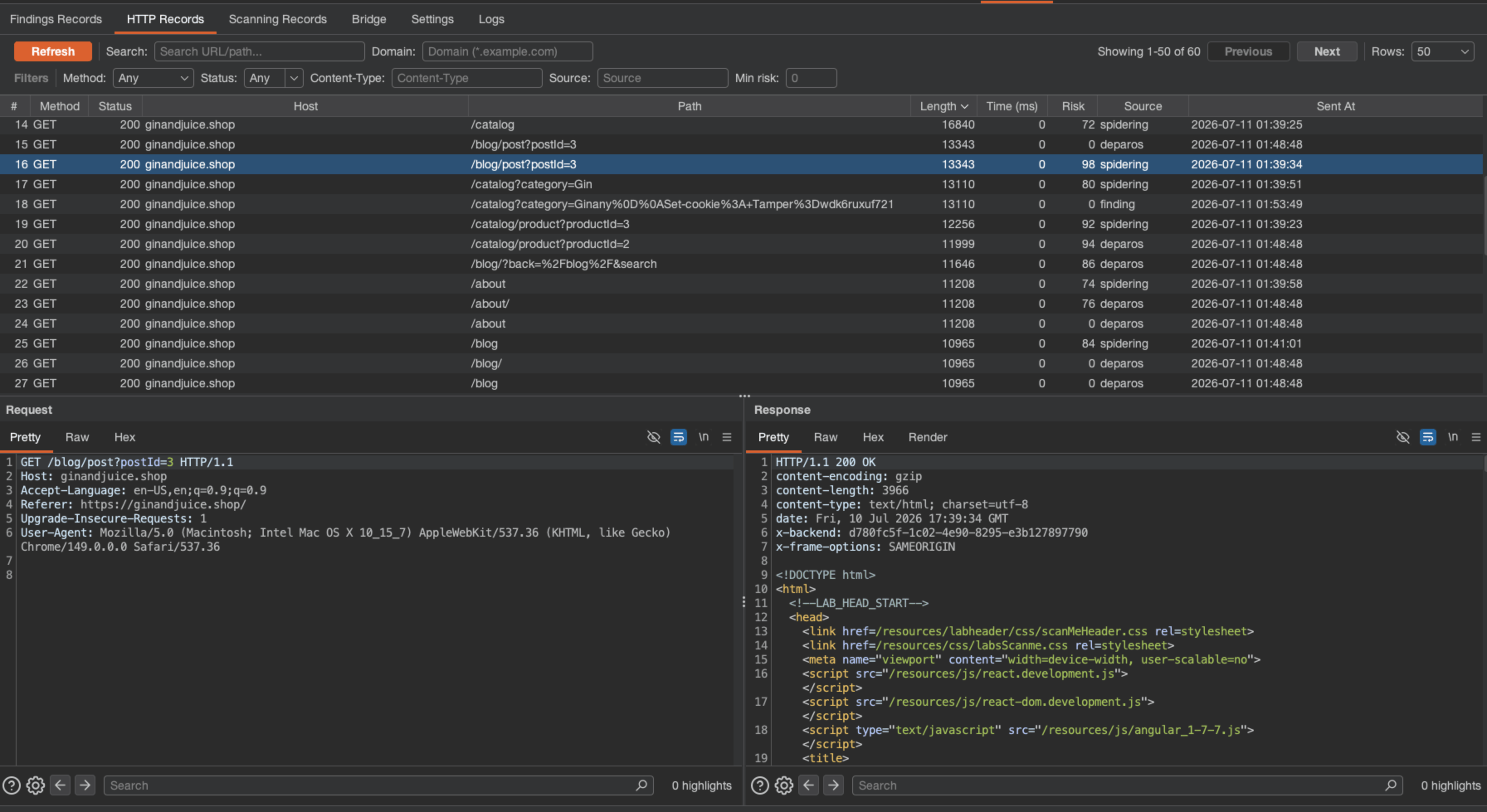 Vigolium Burp extension HTTP Records tab showing filterable request and response records with inline editors