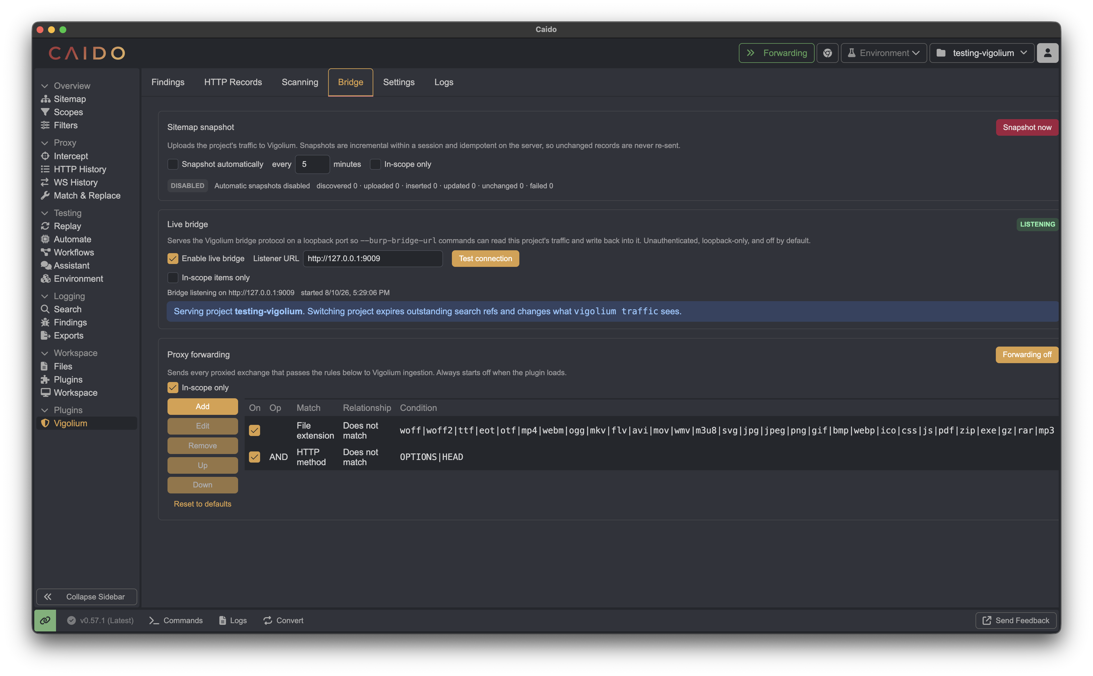 Vigolium Caido plugin Bridge tab showing the live bridge listener URL, sitemap snapshot controls, and proxy forwarding filter rules