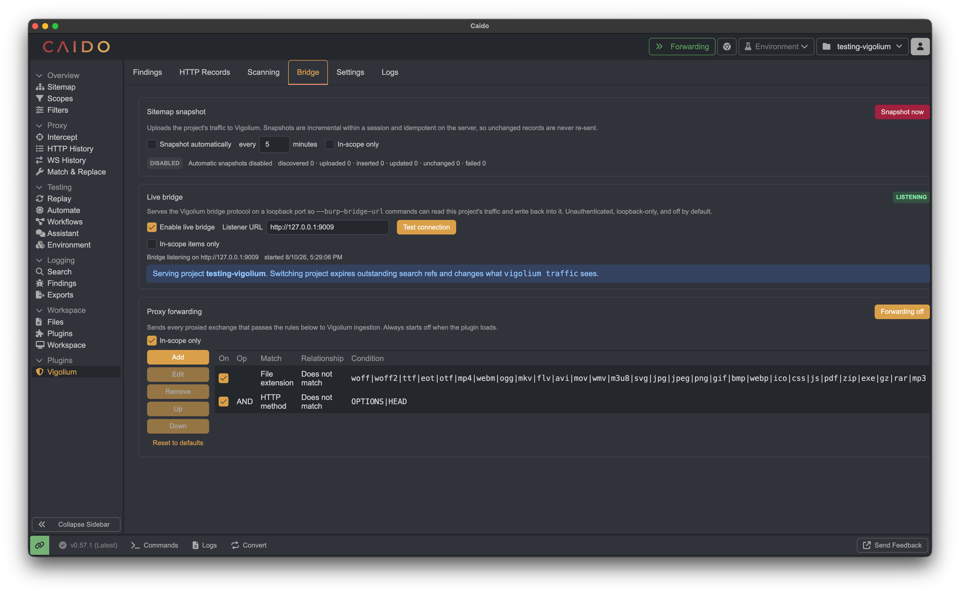 Vigolium Caido plugin Bridge tab showing the live bridge listener URL, sitemap snapshot controls, and proxy forwarding filter rules
