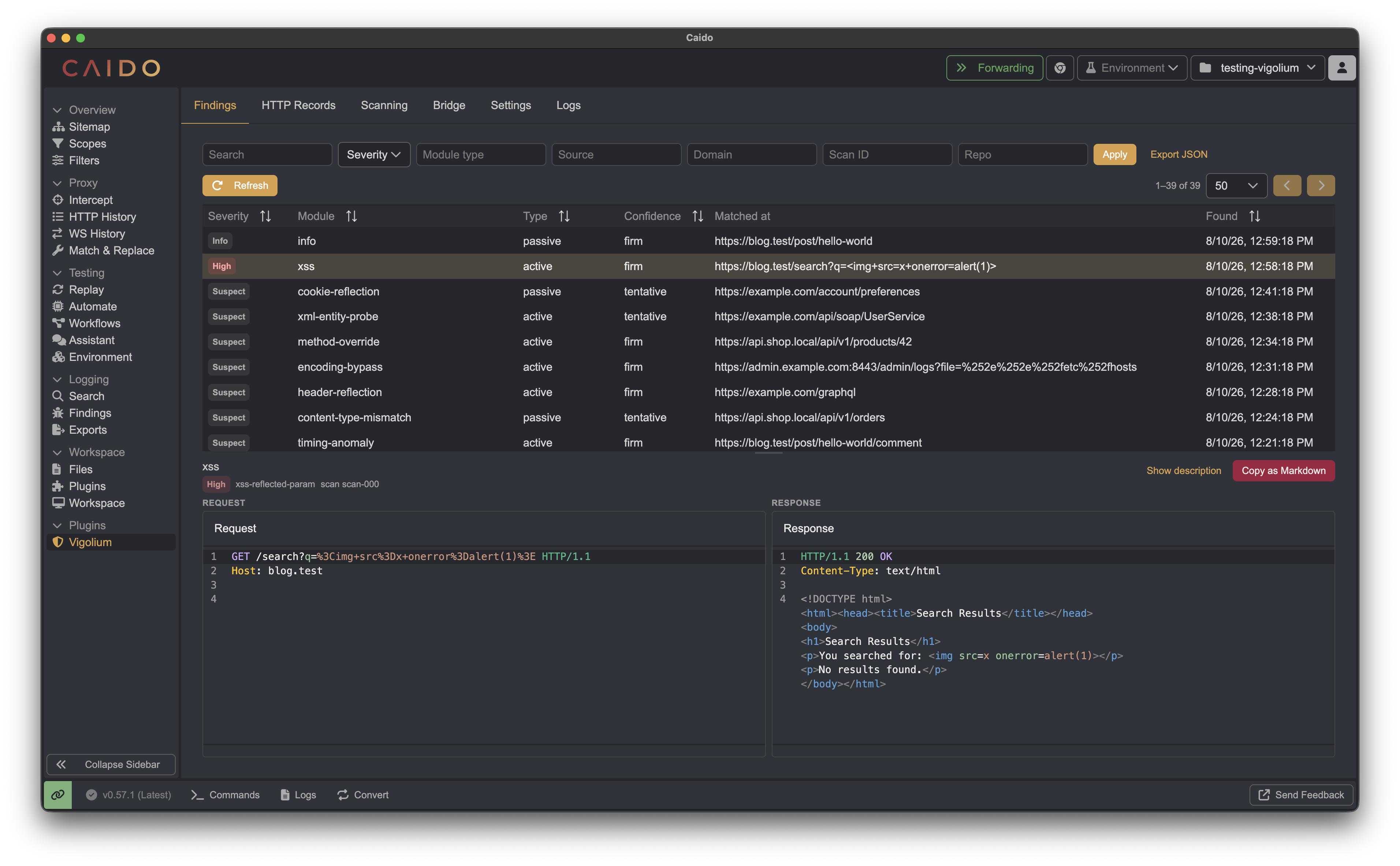 Vigolium Caido plugin Findings tab showing findings, severity filters, and request and response evidence