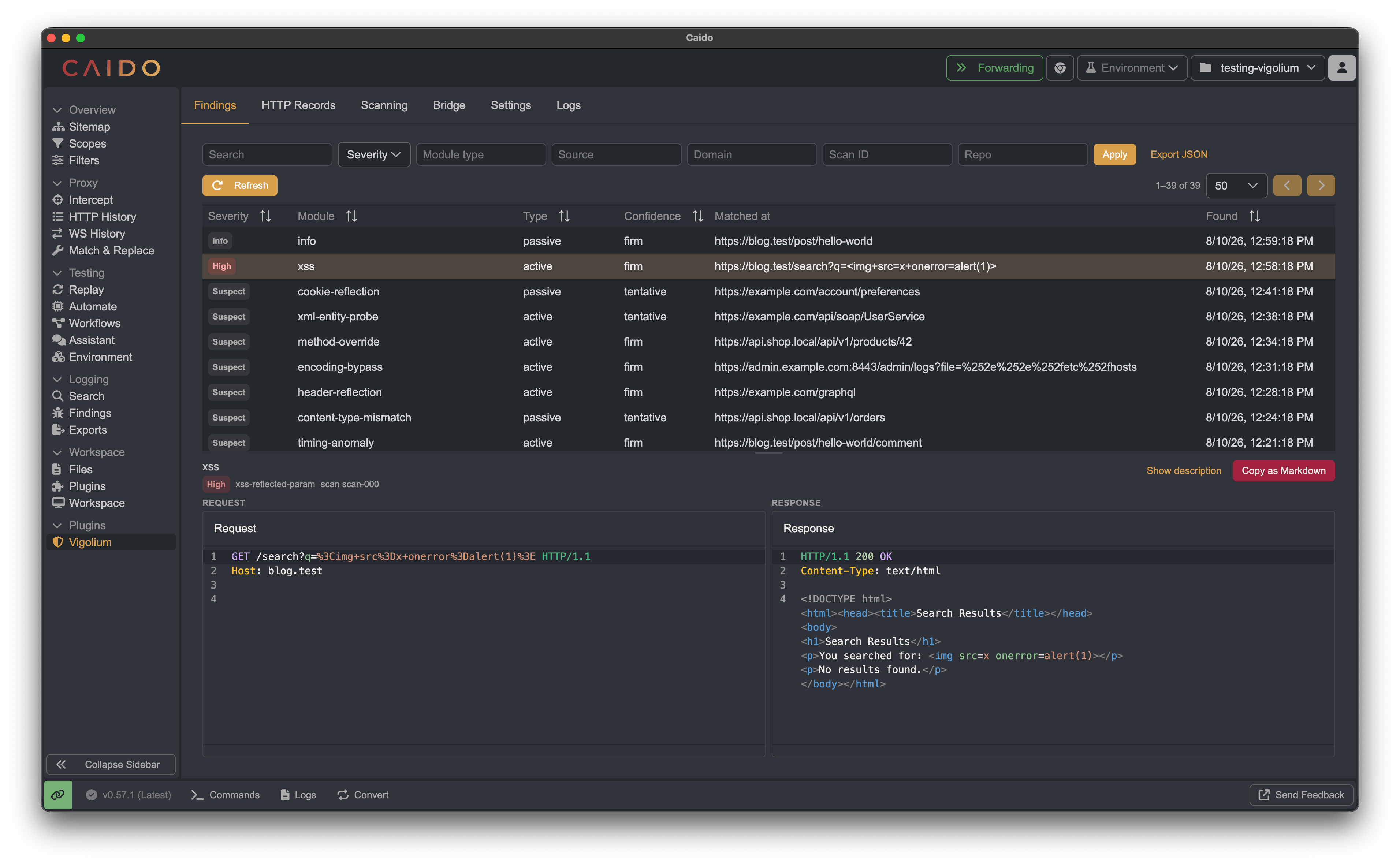 Vigolium Caido plugin Findings tab showing findings, severity filters, and request and response evidence
