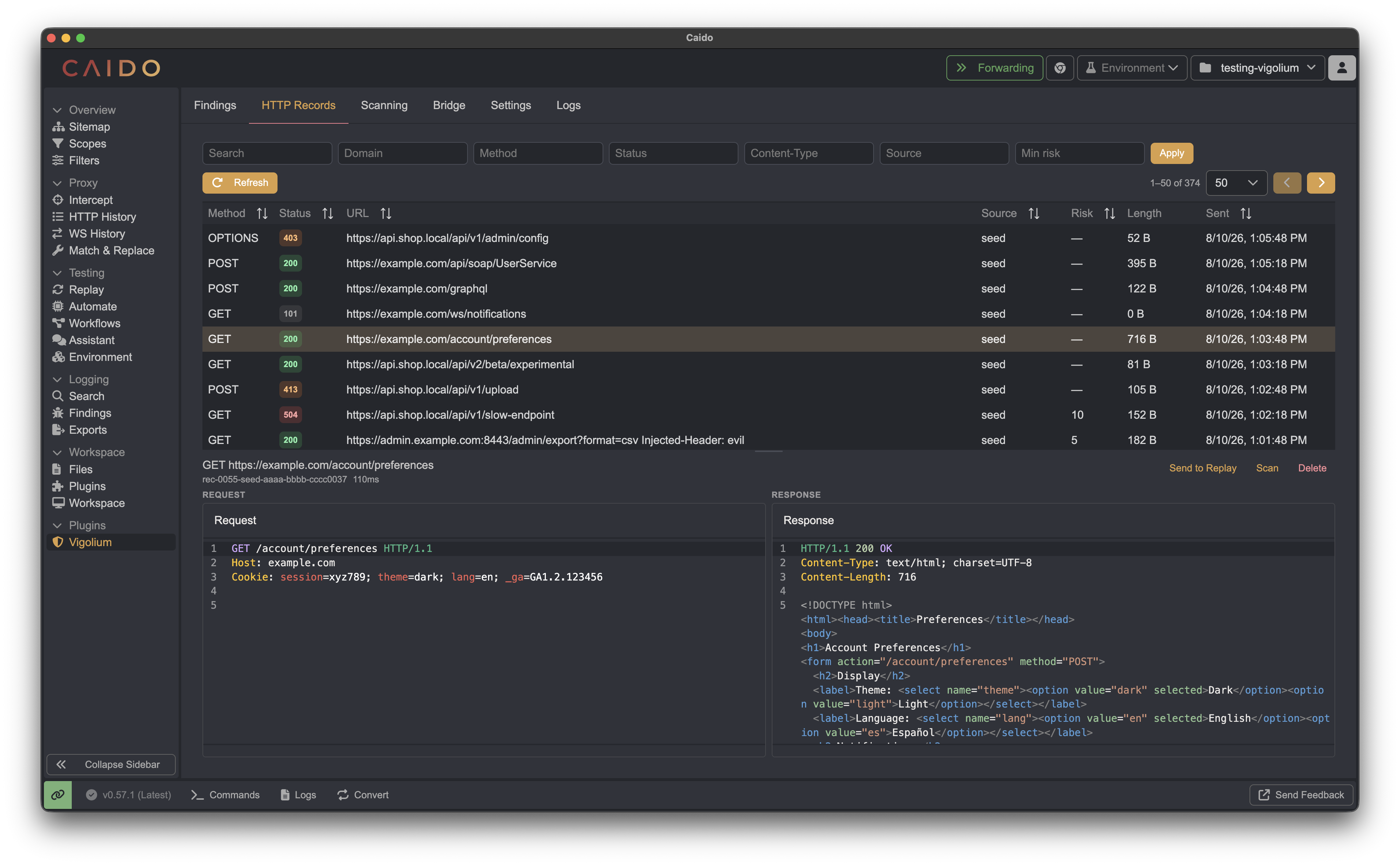 Vigolium Caido plugin HTTP Records tab showing filterable request and response records synchronized with Vigolium