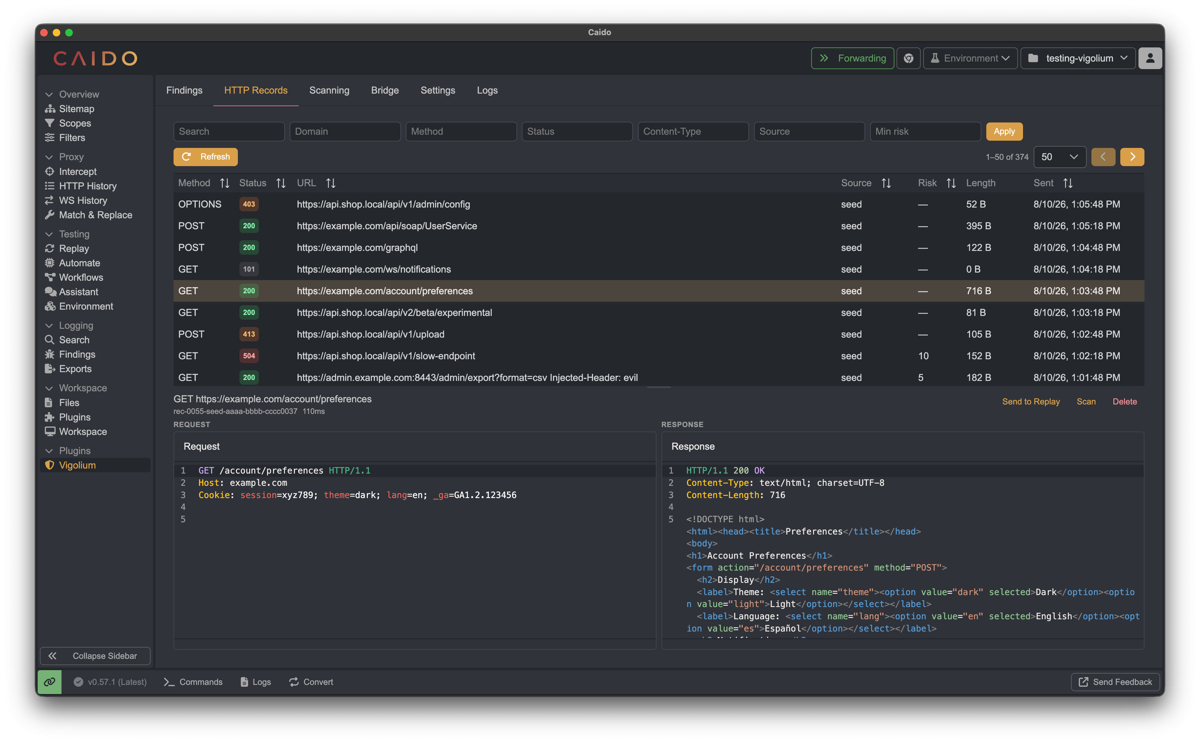 Vigolium Caido plugin HTTP Records tab showing filterable request and response records synchronized with Vigolium