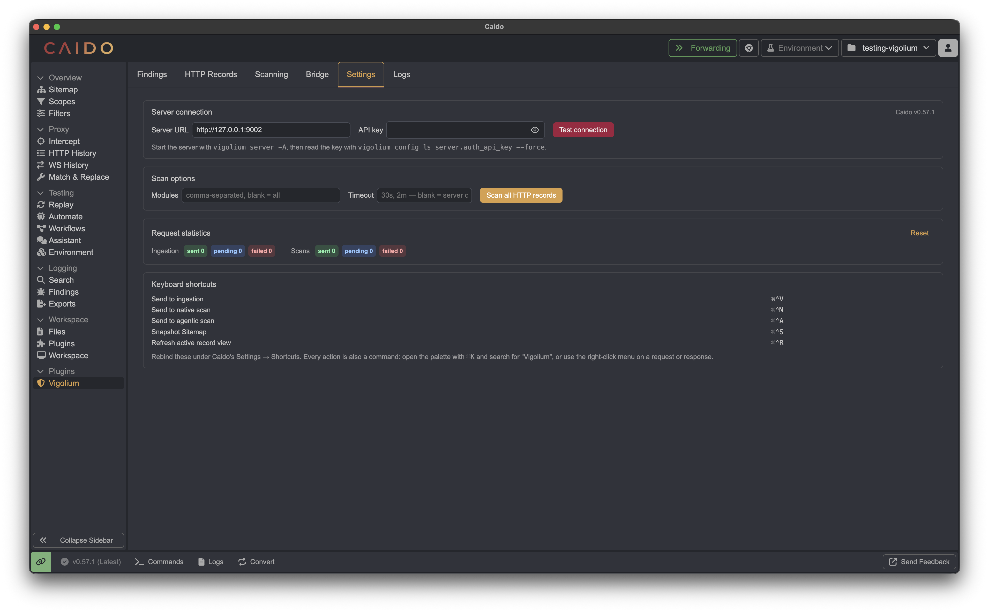 Vigolium Caido plugin Settings tab for server connection, scan options, request statistics, and keyboard shortcuts