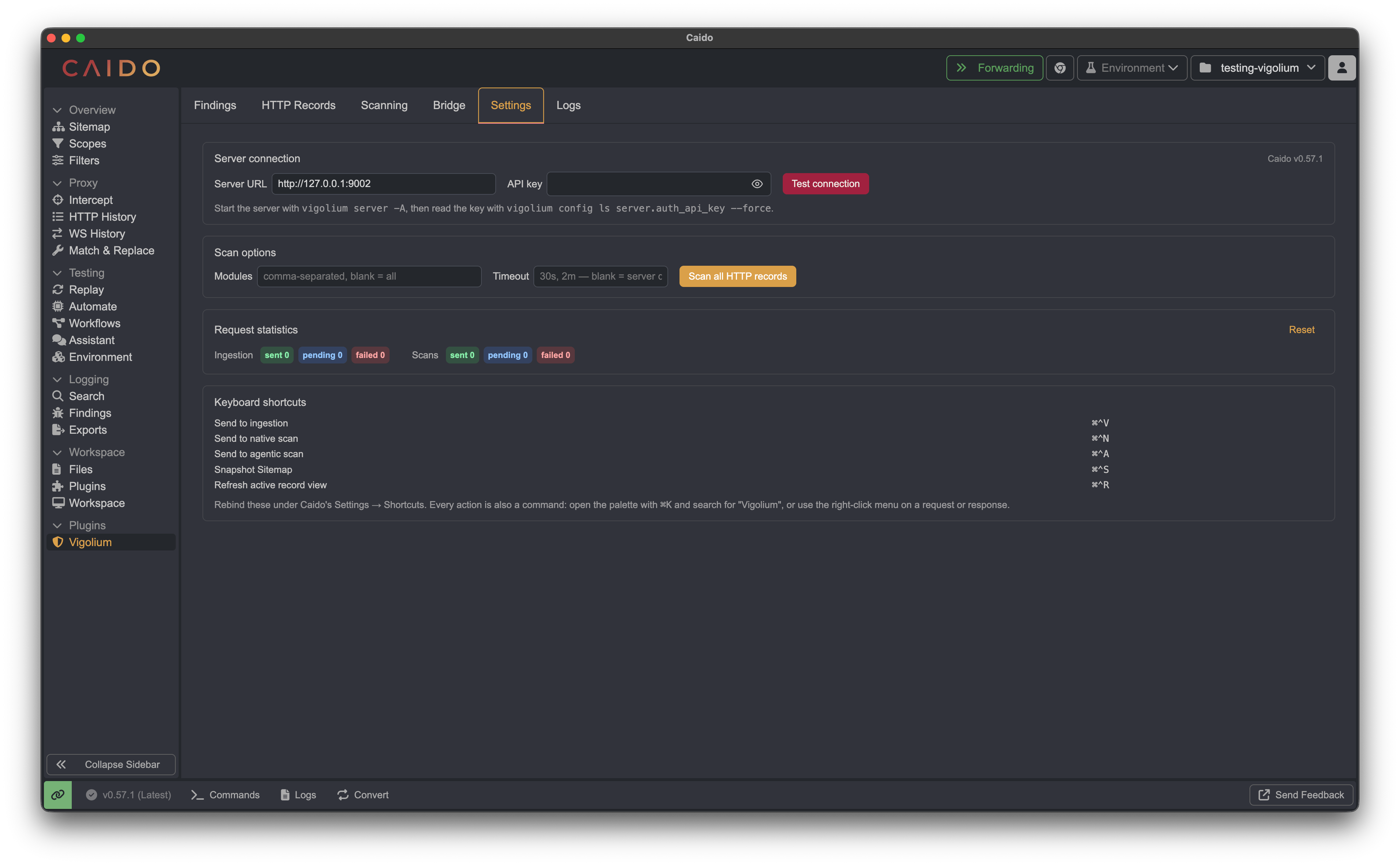 Vigolium Caido plugin Settings tab for server connection, scan options, request statistics, and keyboard shortcuts