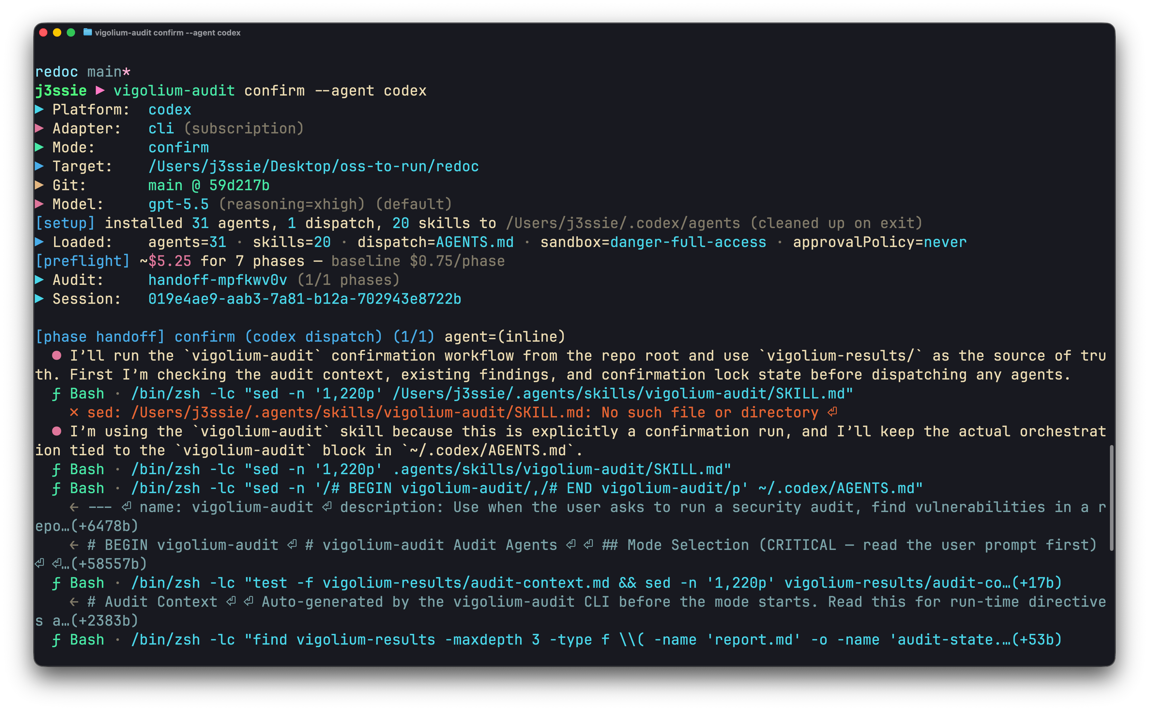 vigolium-audit confirm mode dispatching with codex