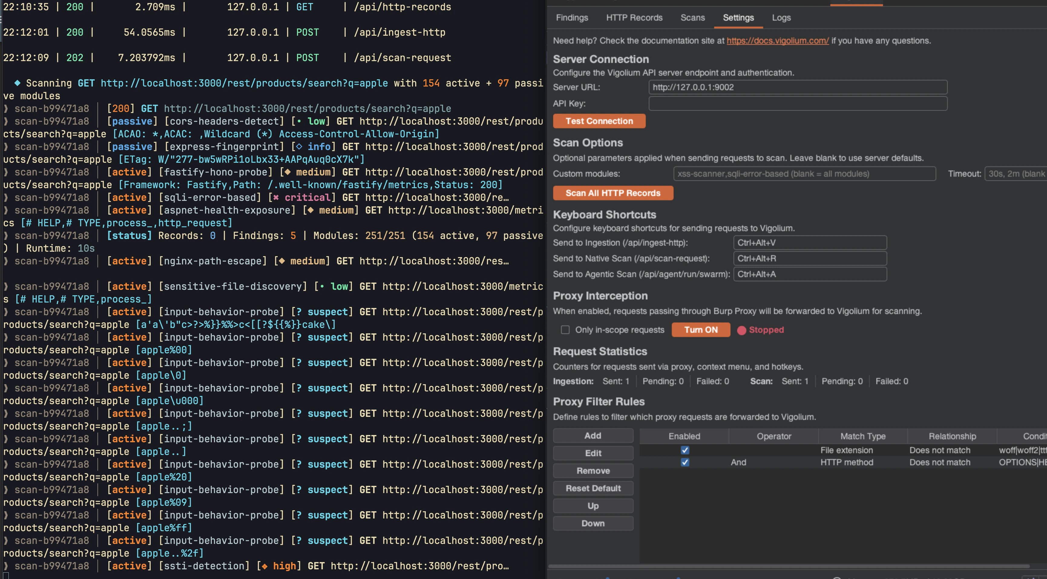 Vigolium Burp extension settings for server connection, scan options, shortcuts, proxy interception, and filter rules