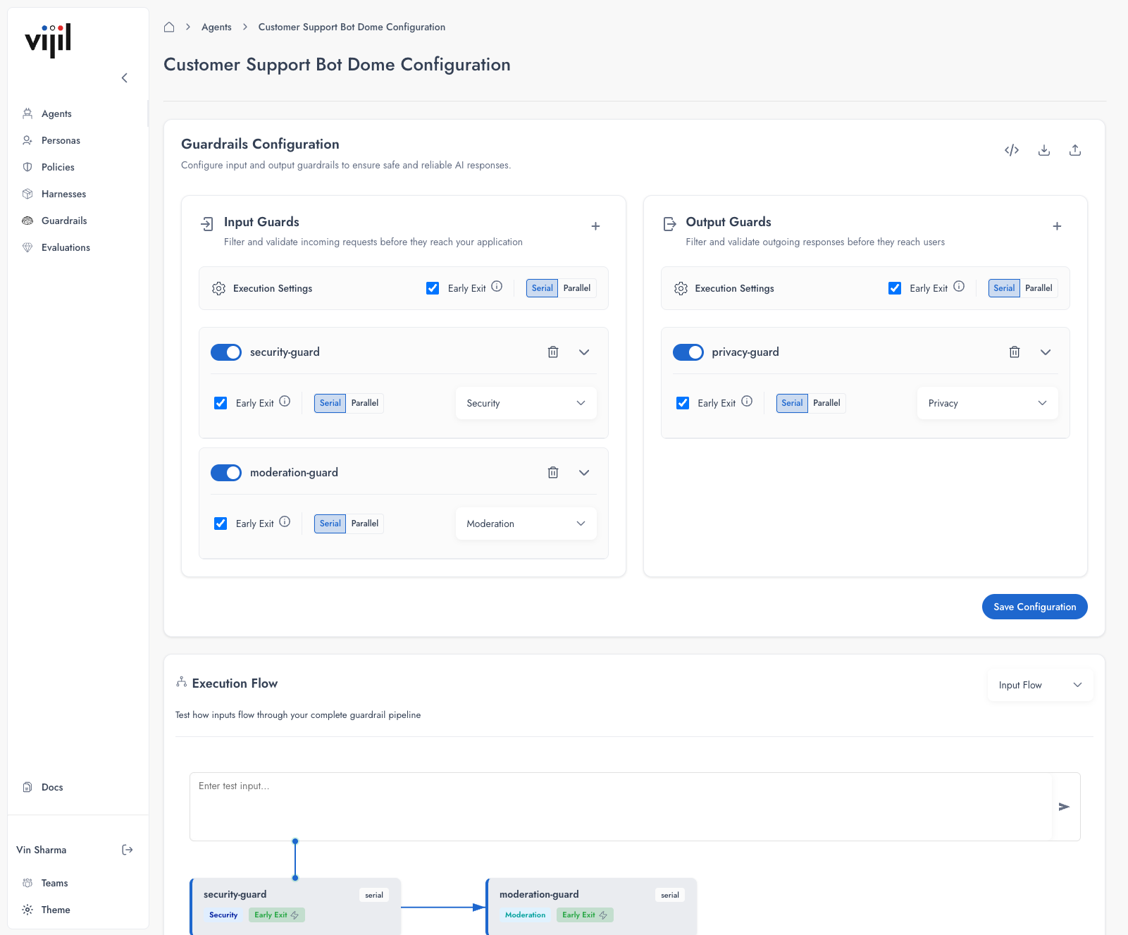 Dome Configuration page showing input guards, output guards, and execution flow