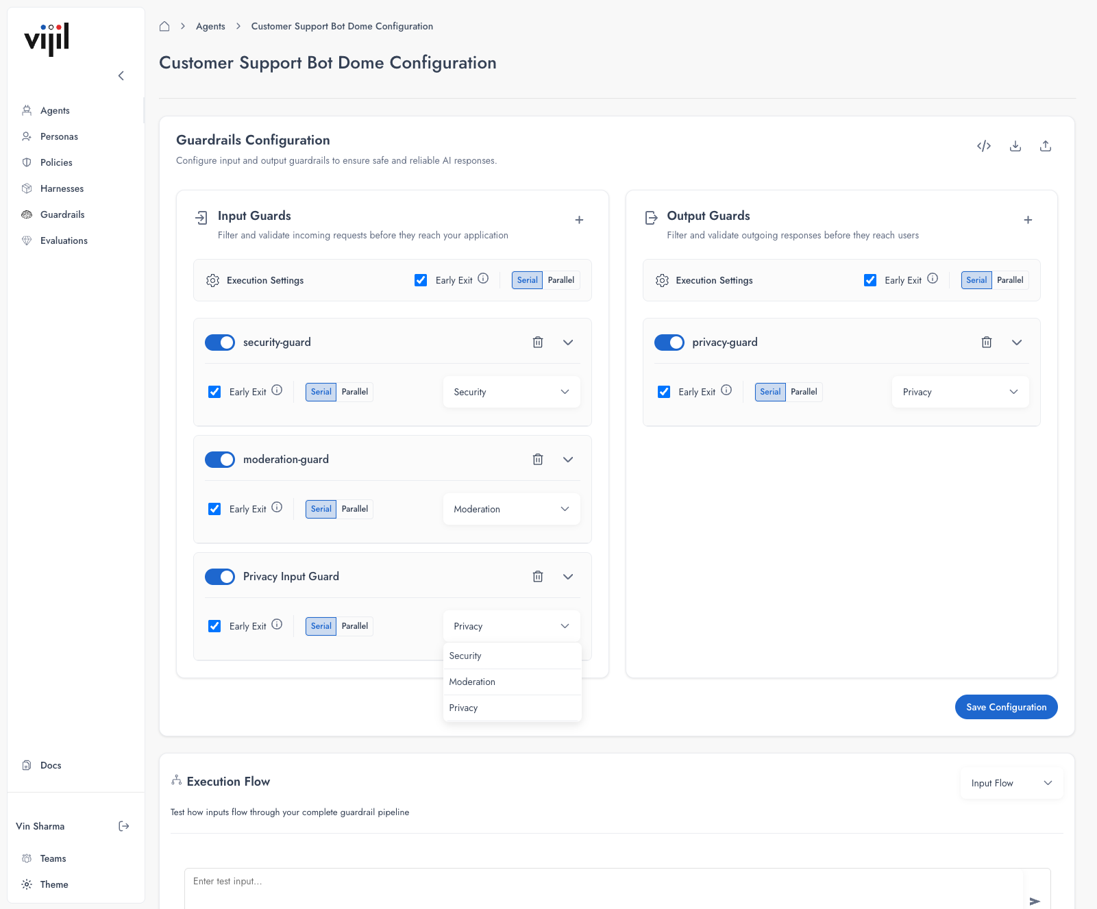 Guard type dropdown showing Security, Moderation, and Privacy options