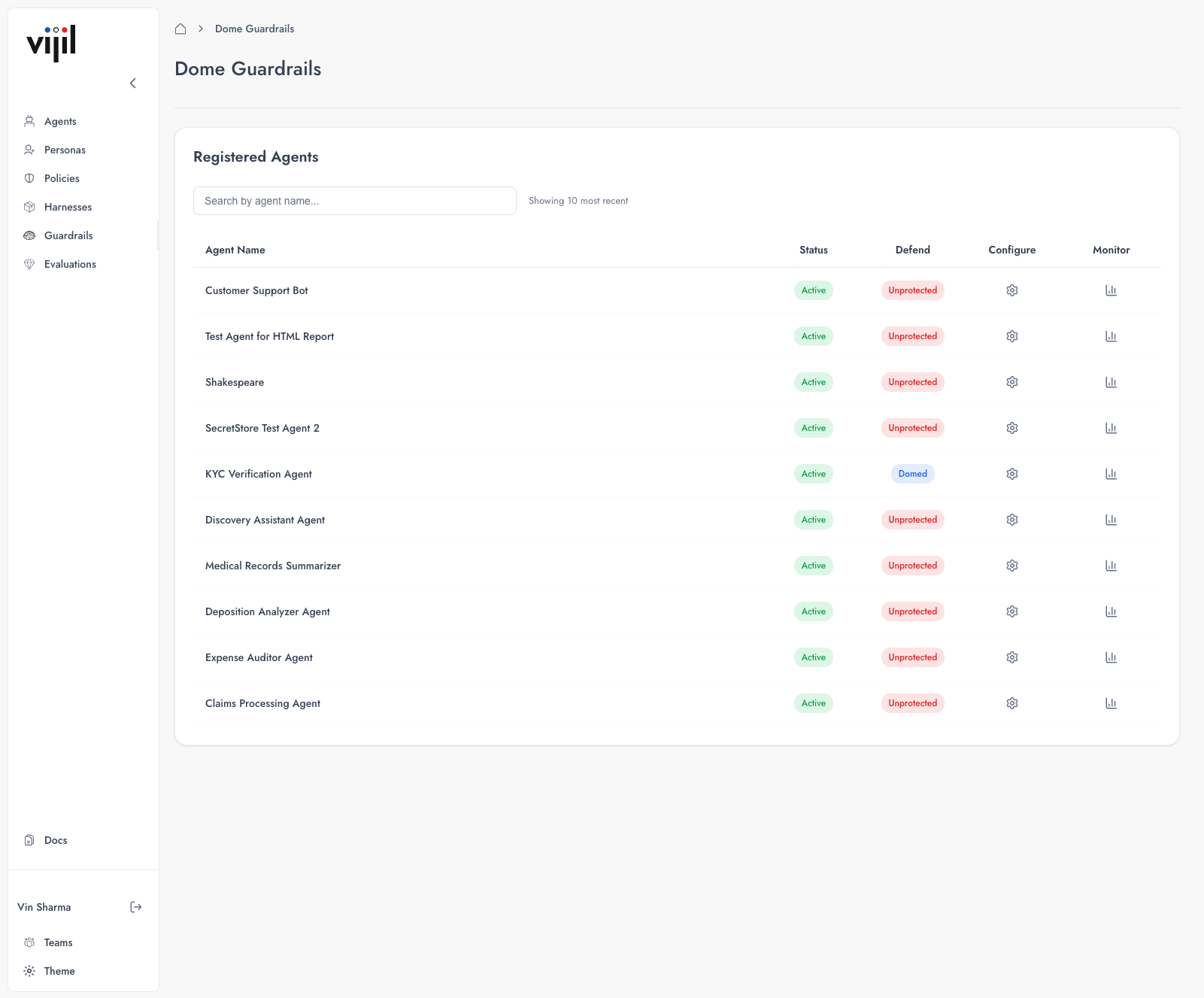 Dome Guardrails page showing registered agents with status, defend, configure, and monitor columns