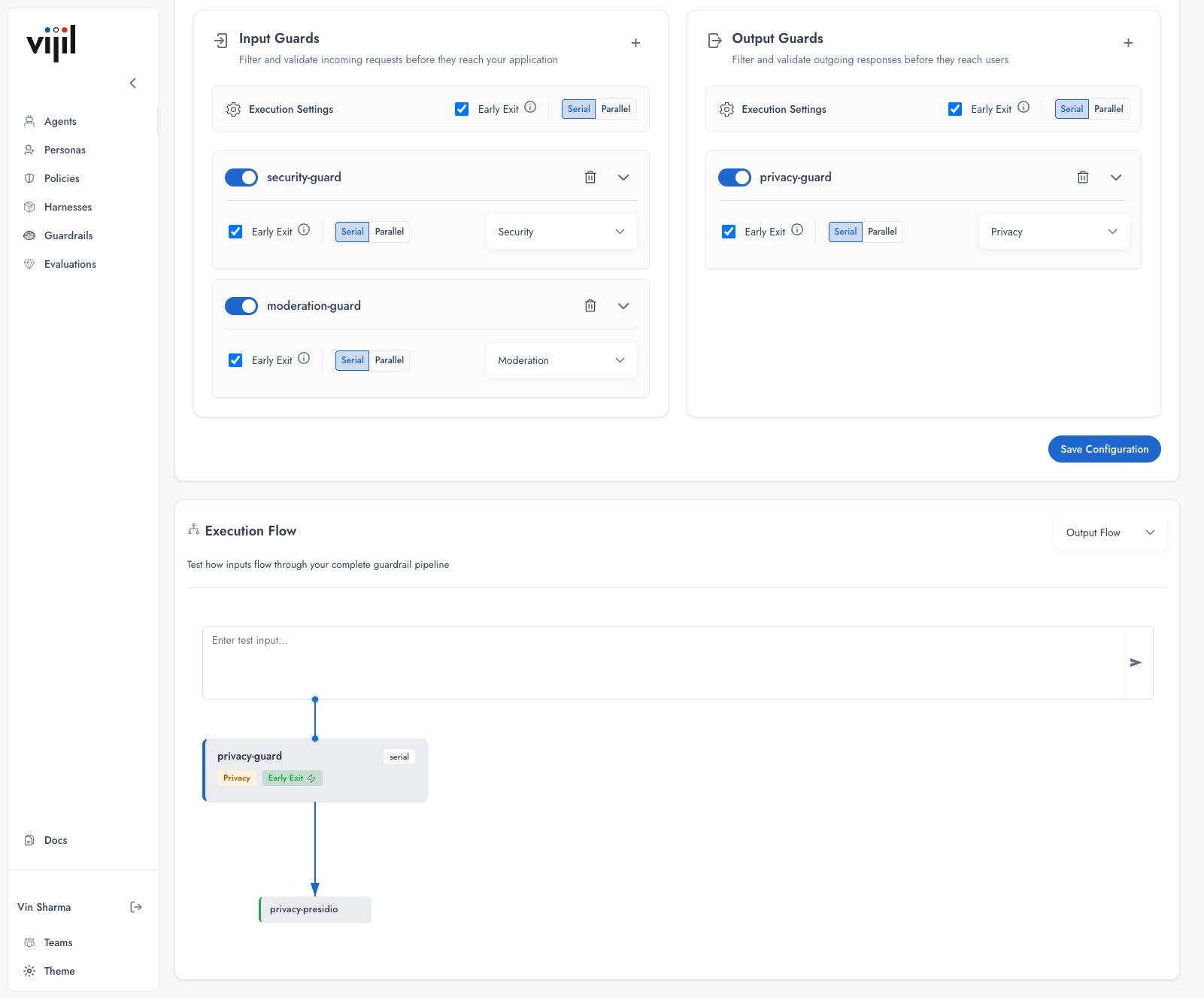 Output flow showing privacy-guard with privacy-presidio detector processing outgoing responses
