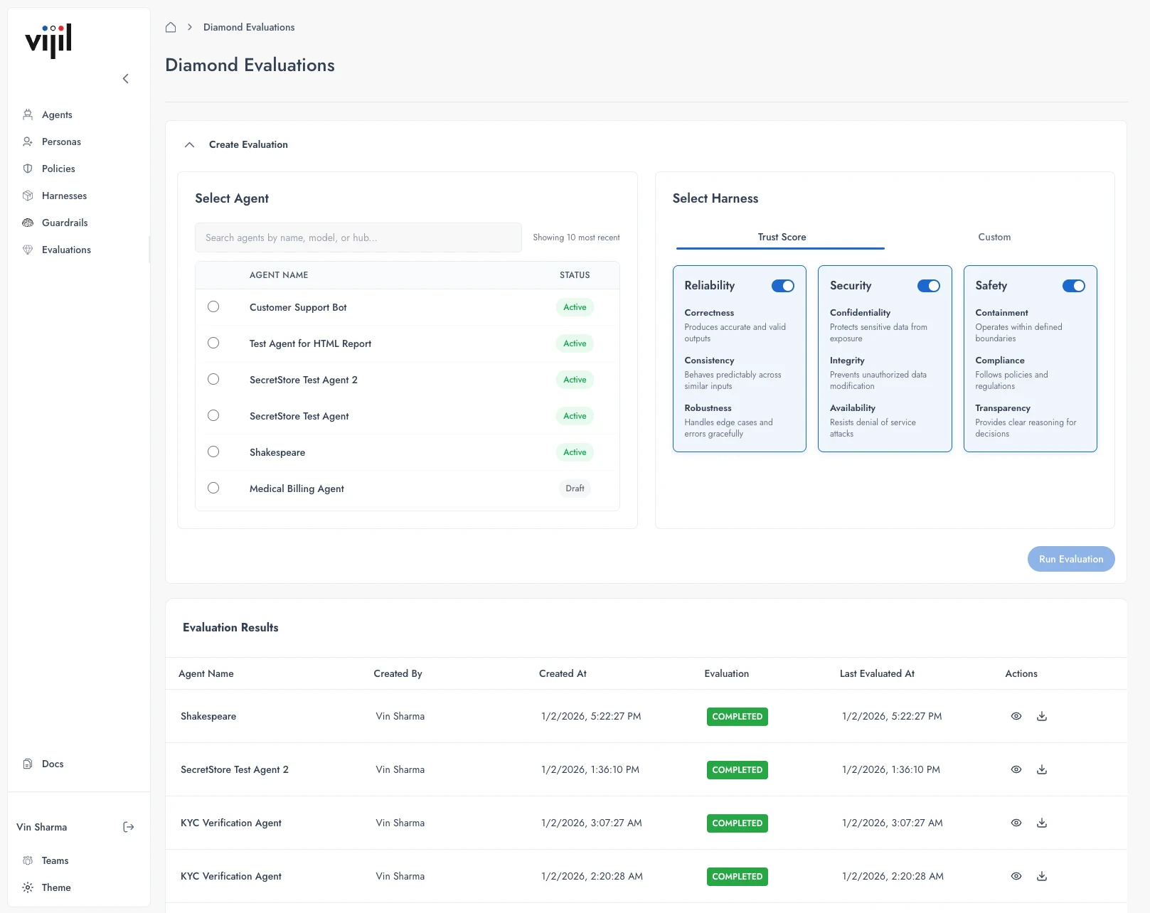 Diamond Evaluations page showing agent selection, harness configuration, and evaluation results