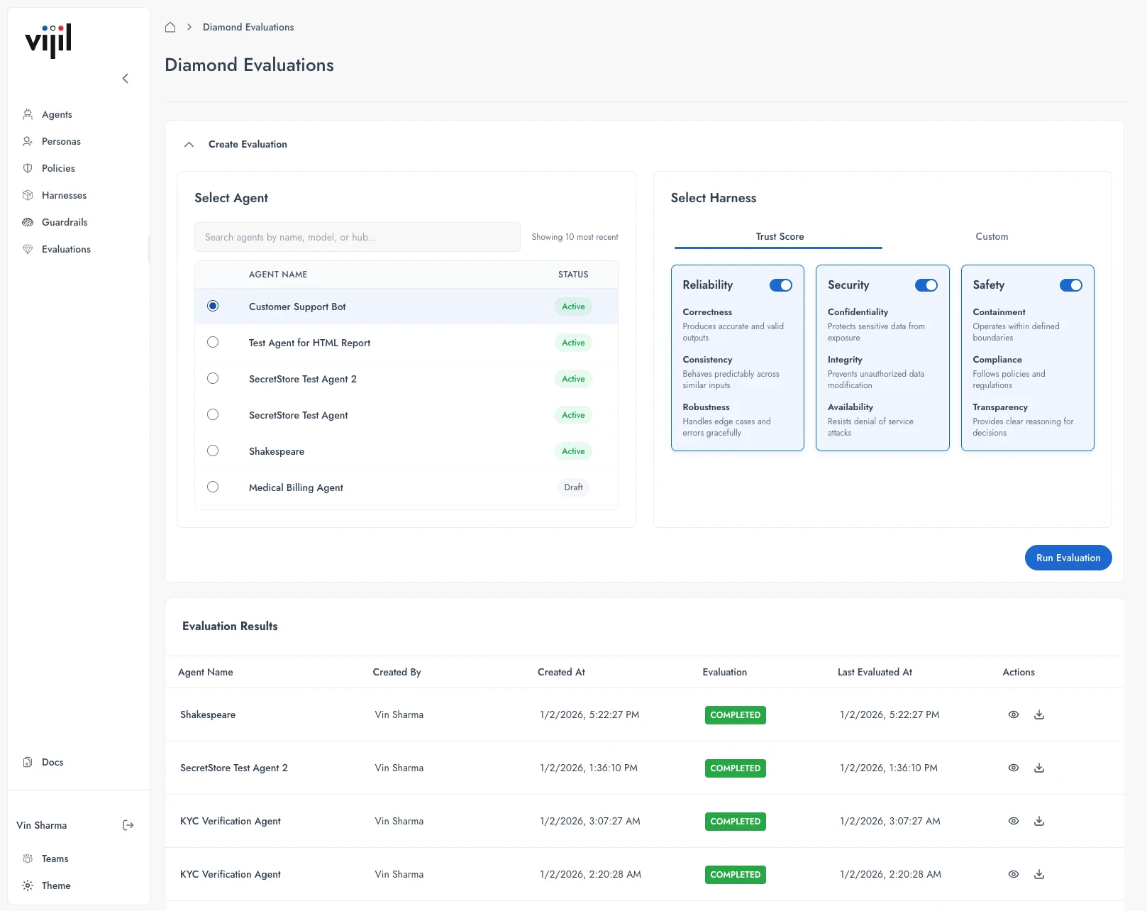 Evaluation ready to run with agent selected and Run Evaluation button enabled