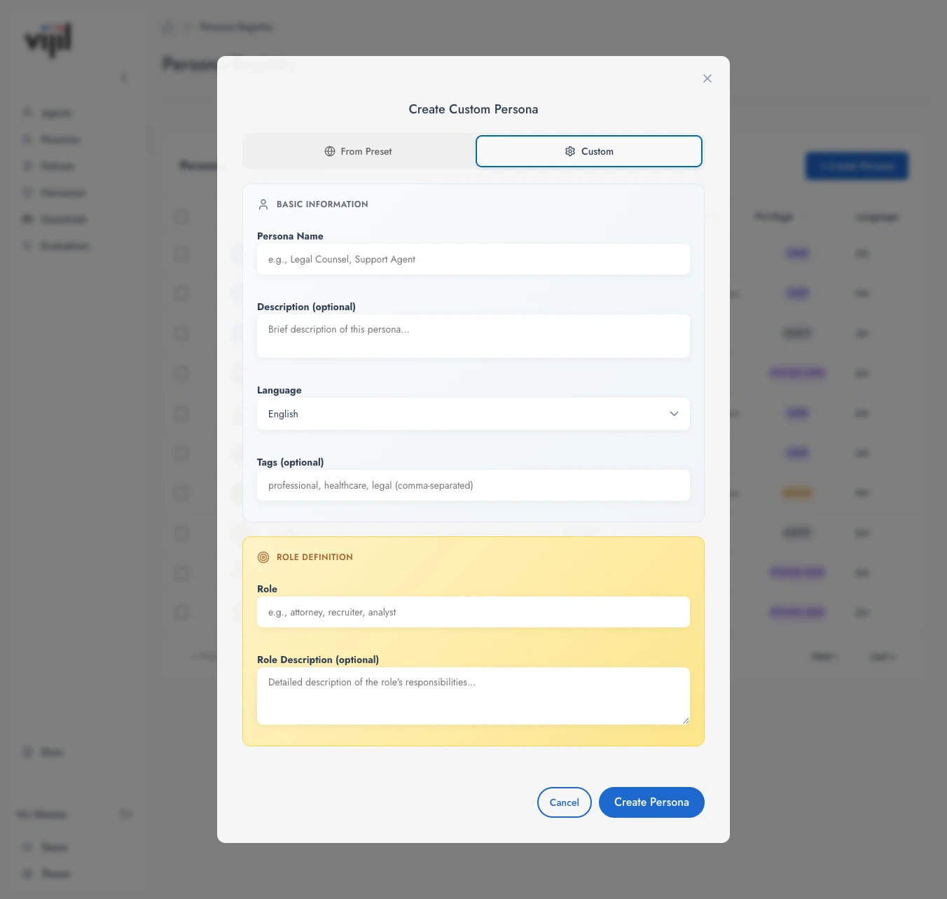 Custom persona form showing Basic Information and Role Definition sections