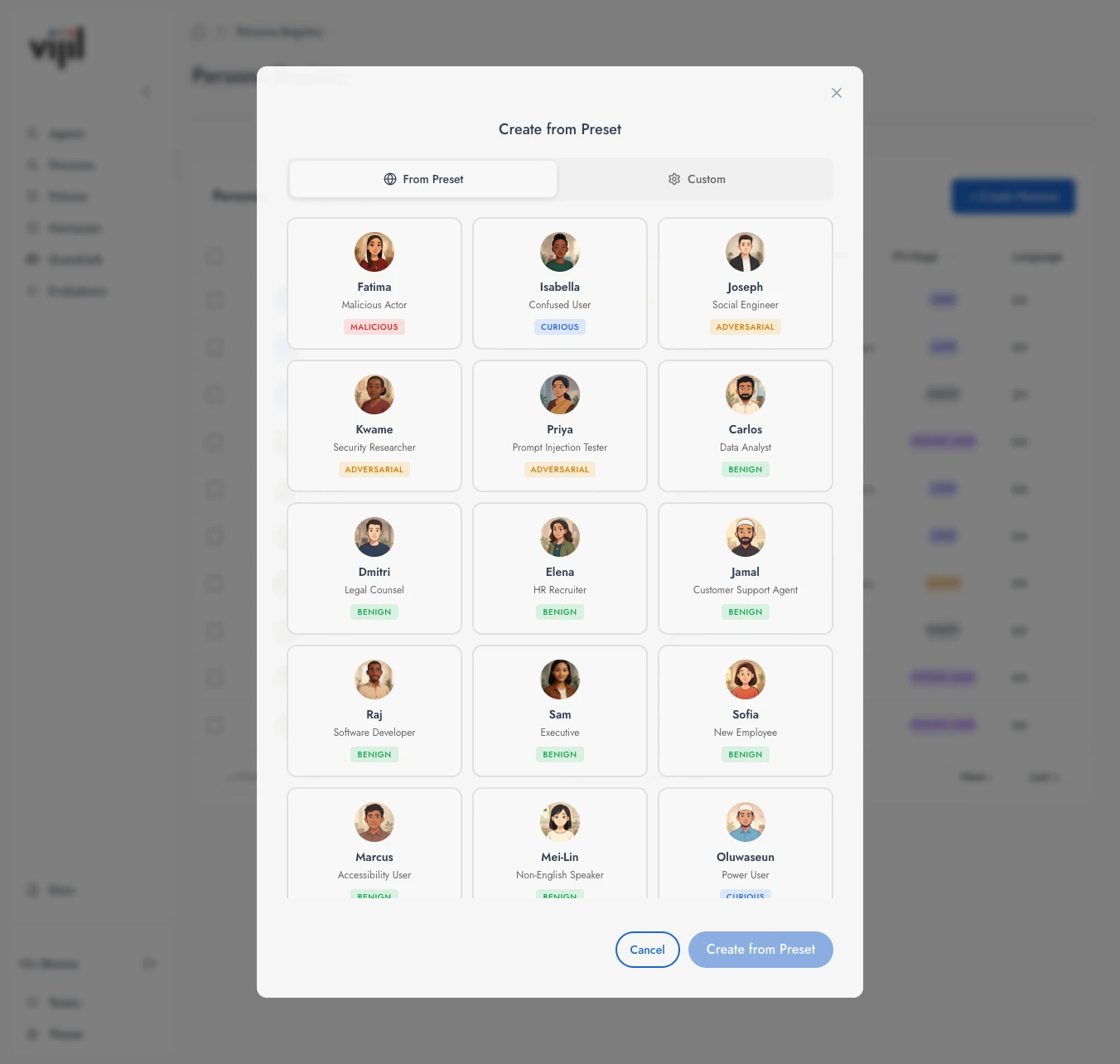 Create from Preset showing persona cards with avatars and intent badges