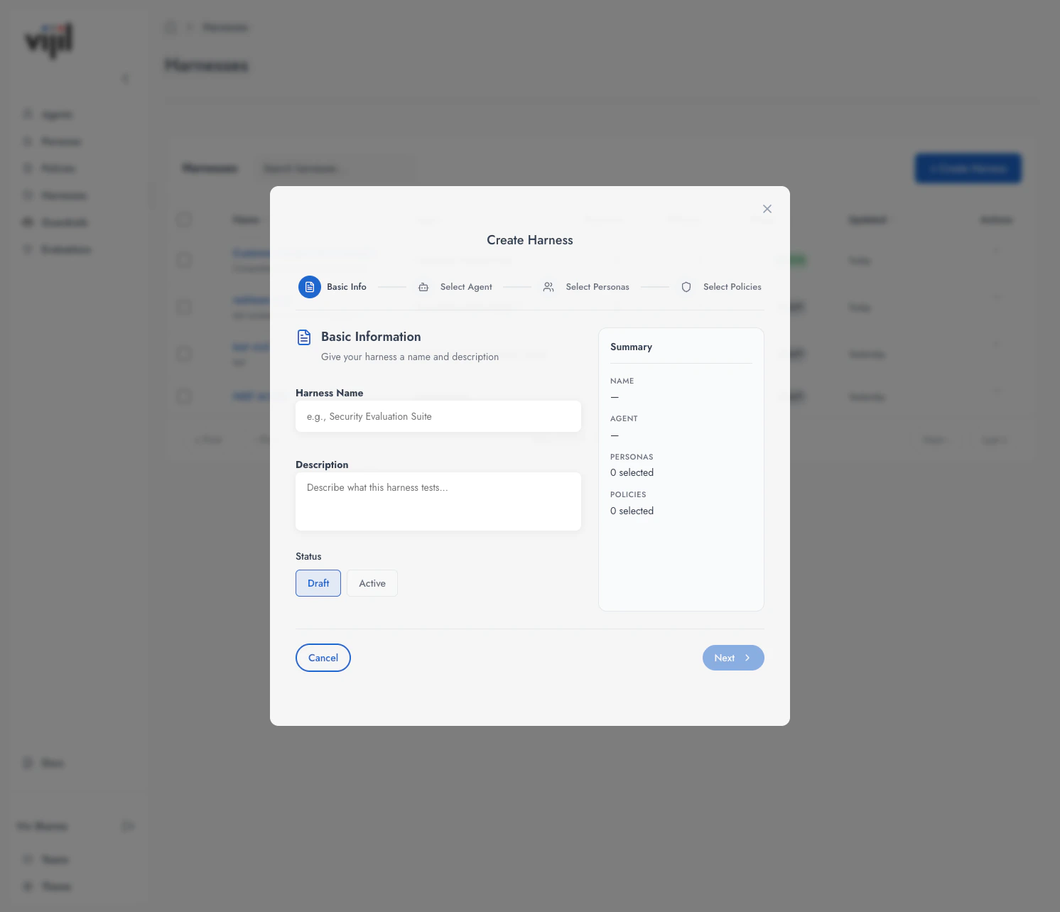Create Harness wizard showing the four-step configuration flow
