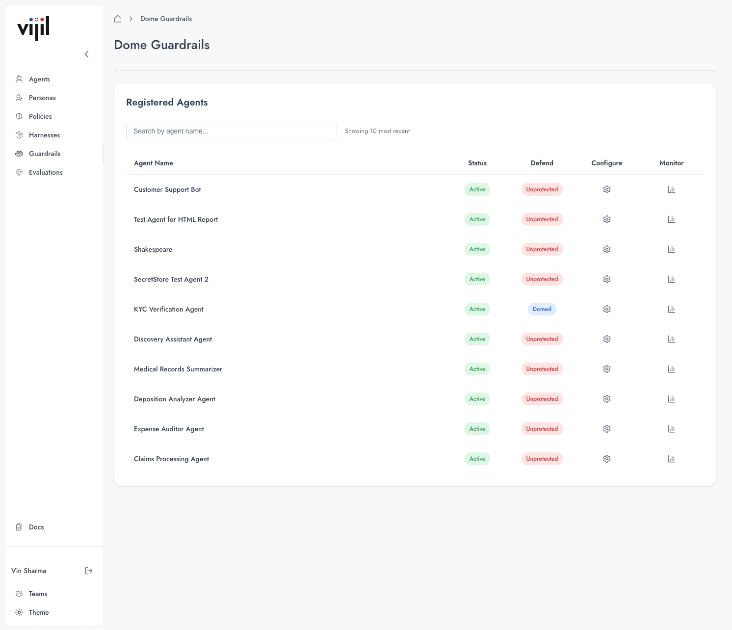 Dome Guardrails dashboard showing agent protection status