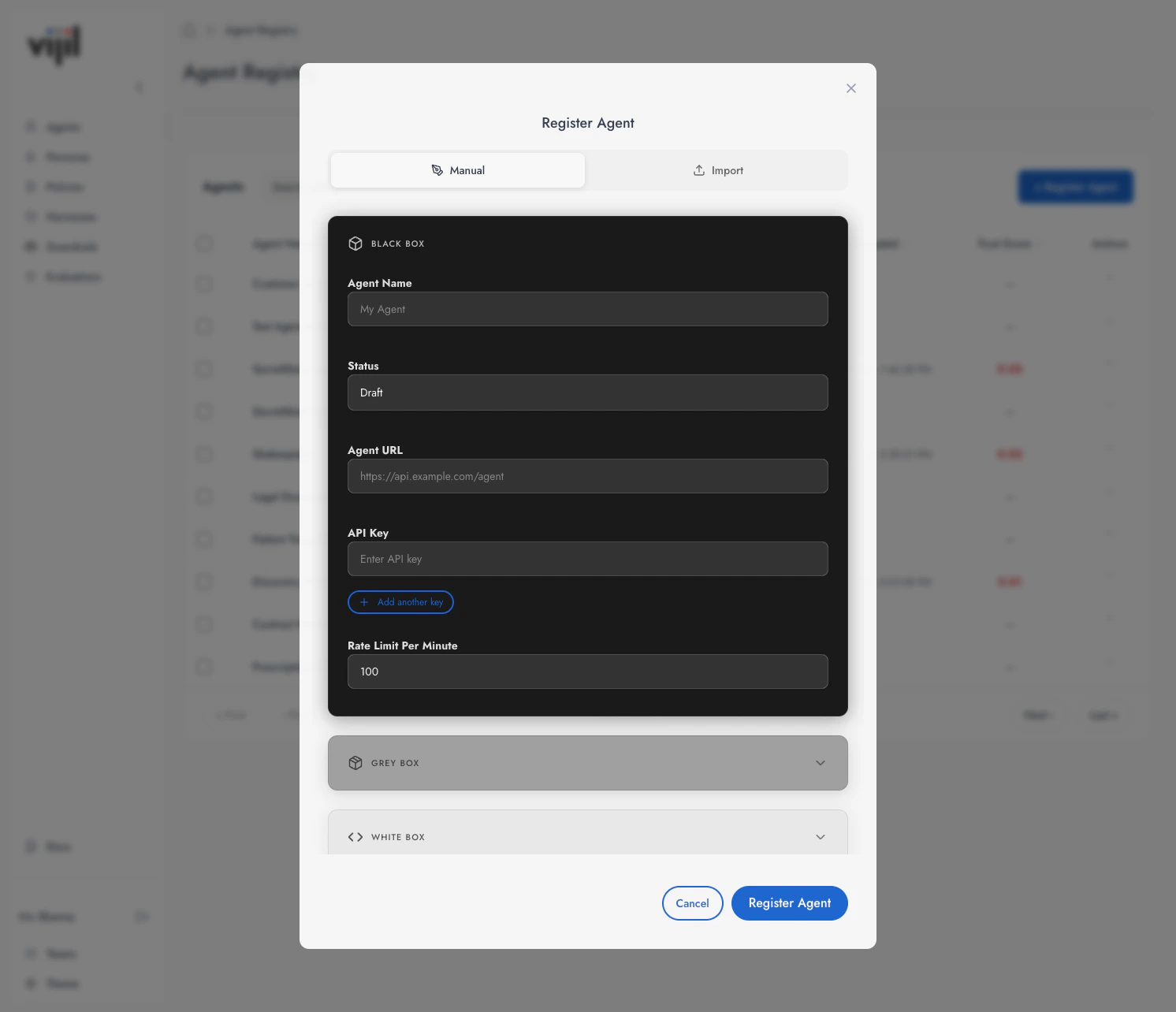 Register Agent modal with Black Box, Grey Box, and White Box options