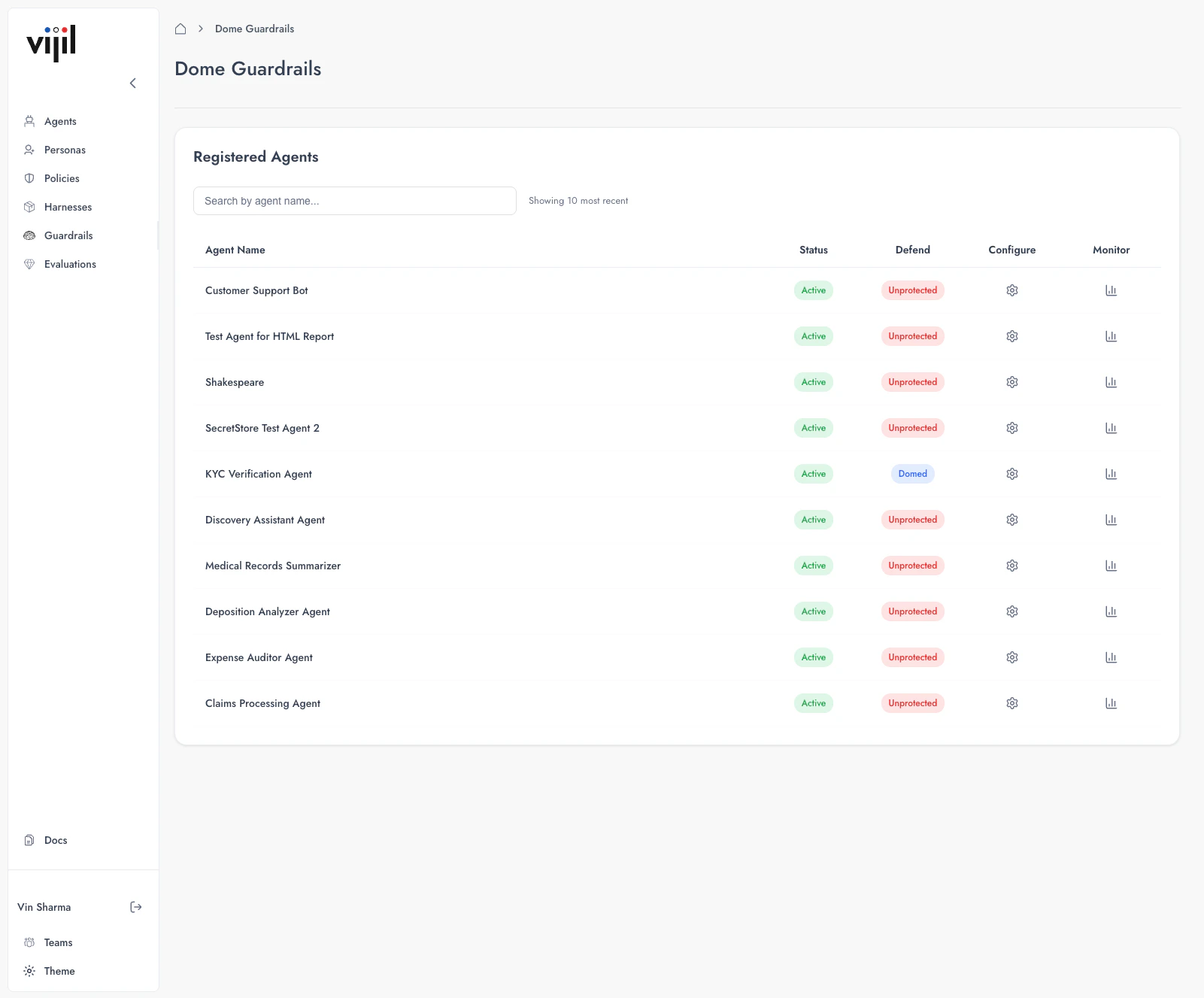 Dome Guardrails page showing registered agents with status, defend, configure, and monitor columns